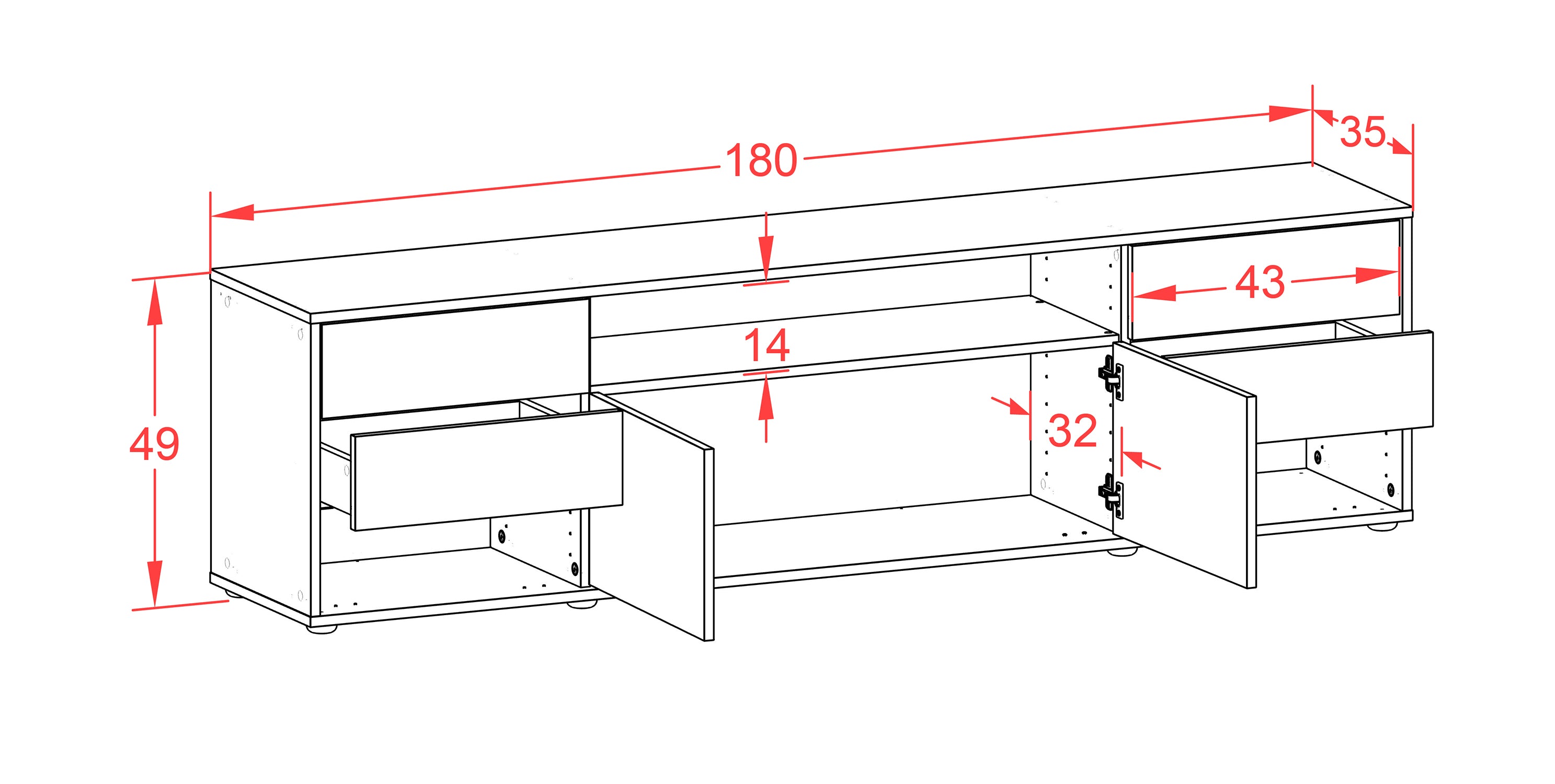 Lowboard - Barbara - Design Holzdekor - Freistehend mit Push to Open 180 cm Weiss