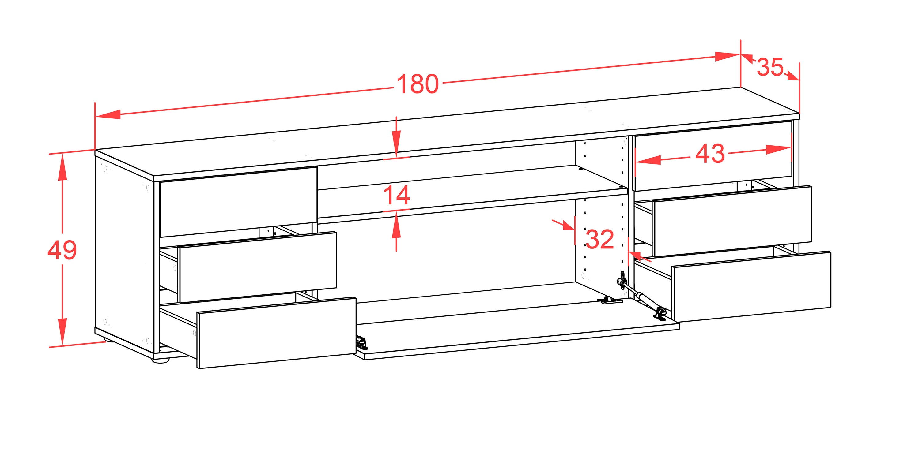Lowboard - Beatrice - Design Farbakzent - Freistehend mit Push to Open 180 cm Weiss