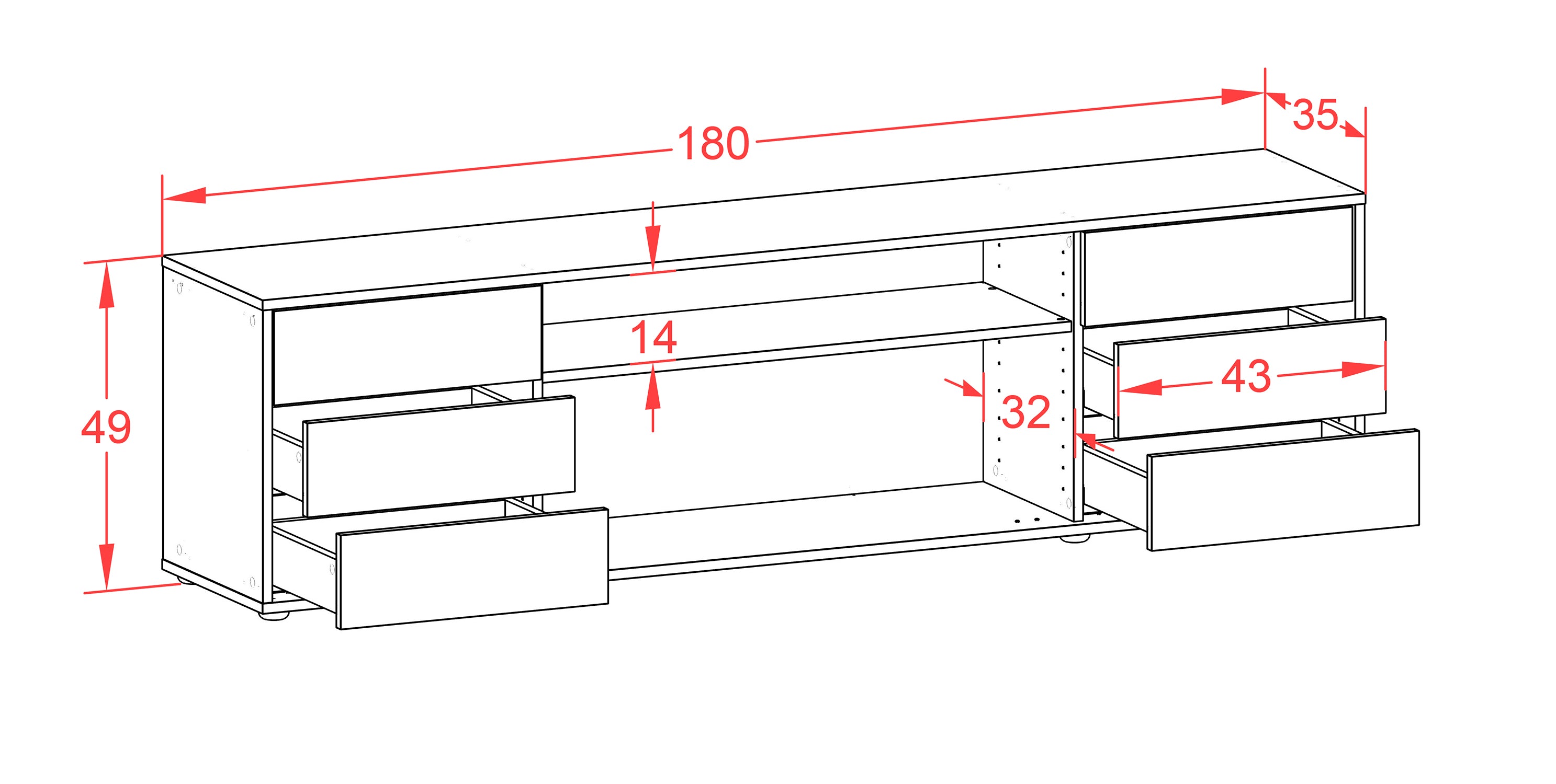 Lowboard - Belinda - Design Holzdekor - Freistehend mit Push to Open 180 cm Weiss