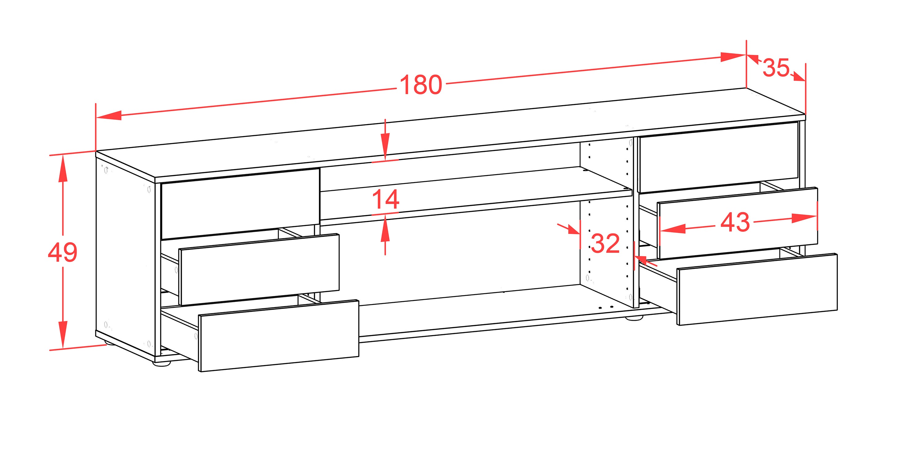 Lowboard - Belinda - Design Hochglanz - Freistehend mit Push to Open 180 cm Weiss