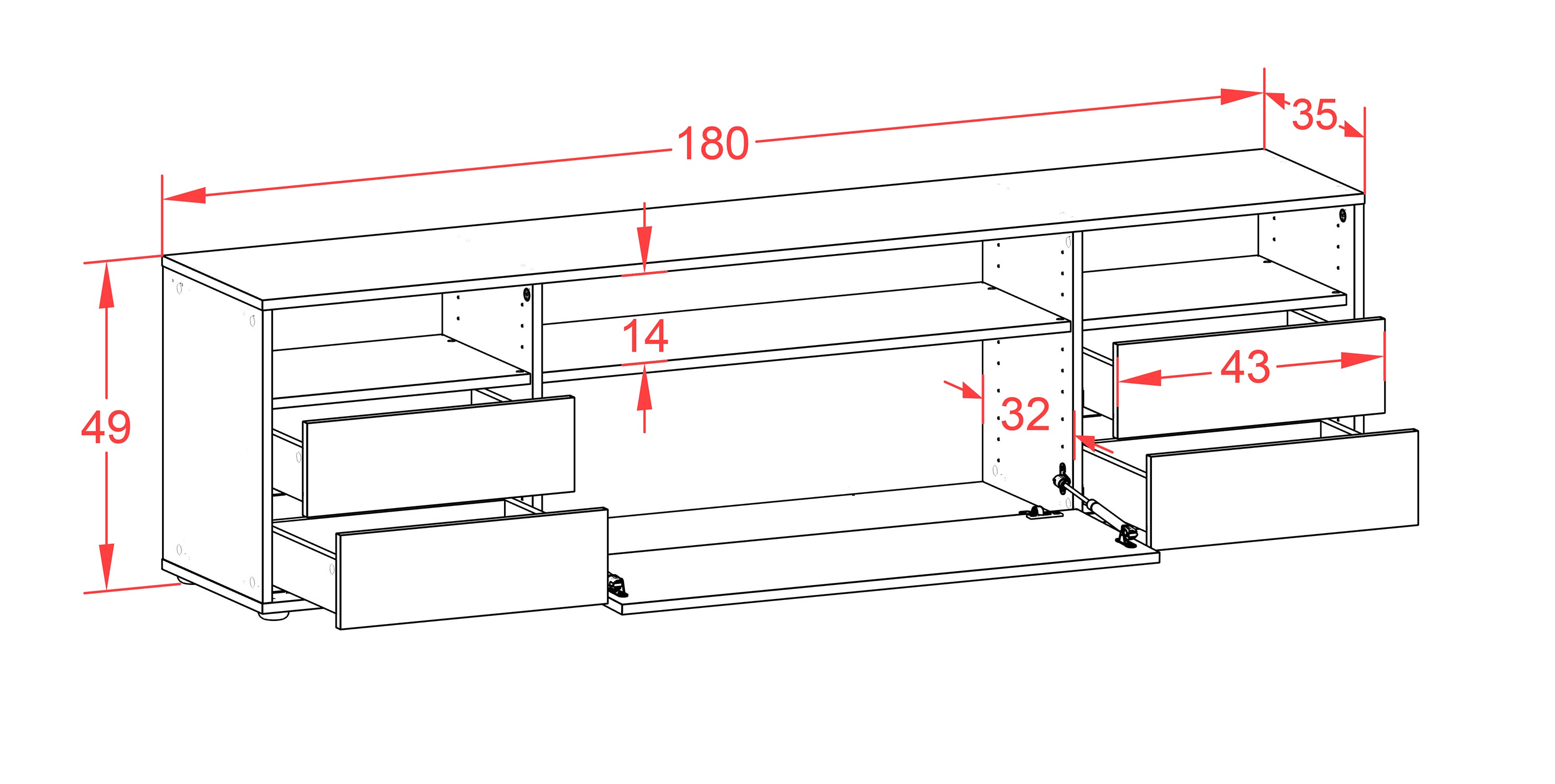 Lowboard - Bella - Design Hochglanz - Freistehend mit Push to Open 180 cm Weiss