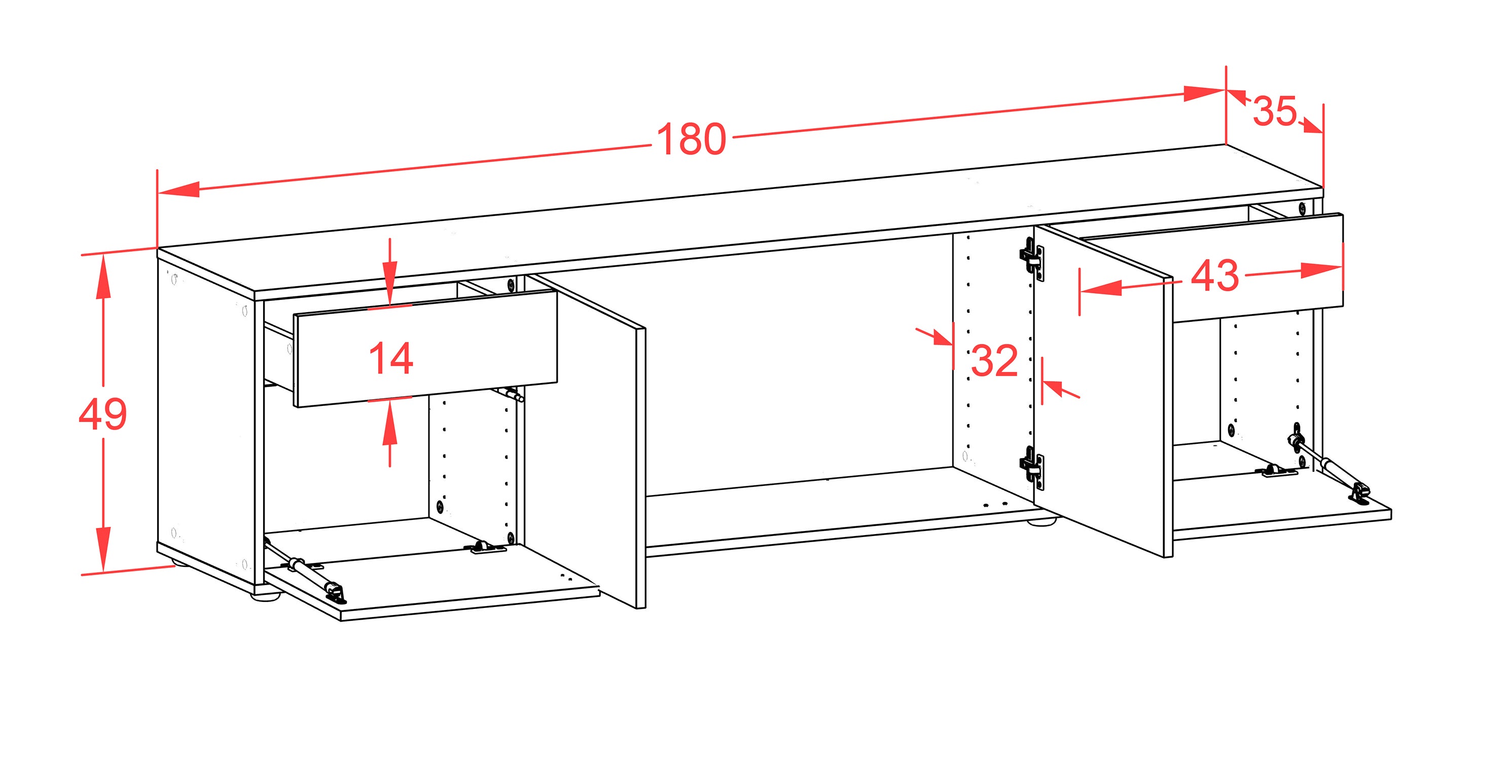 Lowboard - Benedetta - Design Hochglanz - Freistehend mit Push to Open 180 cm Anthrazit