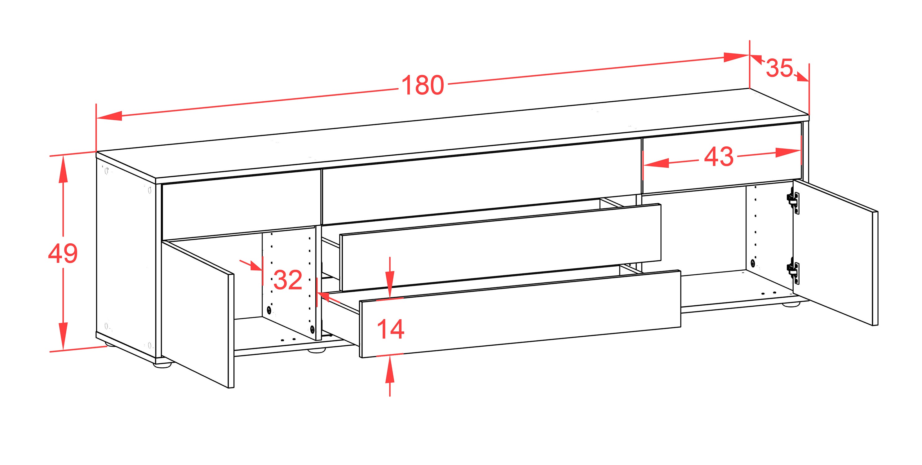 Lowboard - Benita - Design Holzdekor - Freistehend mit Push to Open 180 cm Weiss