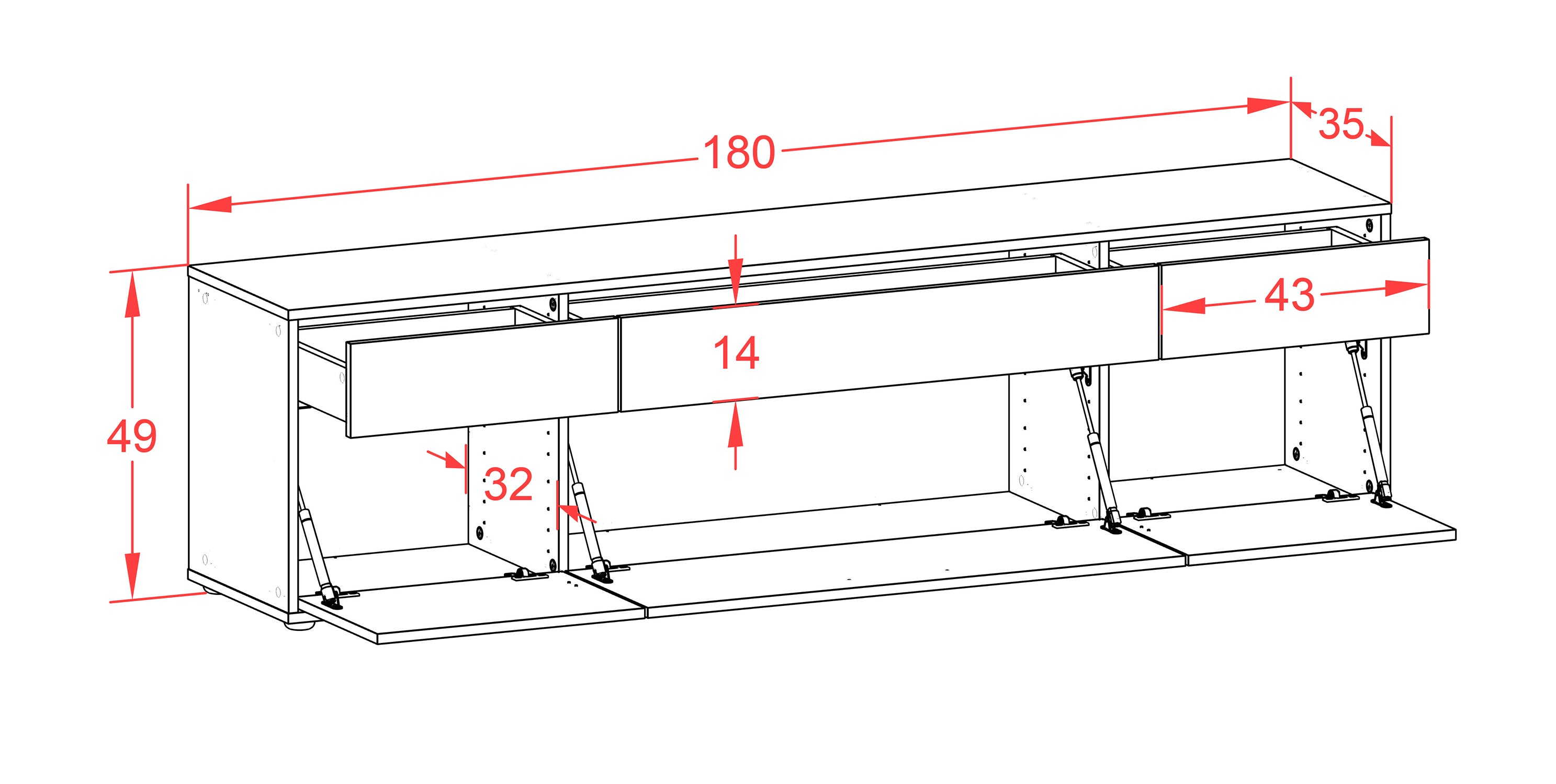 Lowboard - Beppa - Design Holzdekor - Freistehend mit Push to Open 180 cm Weiss