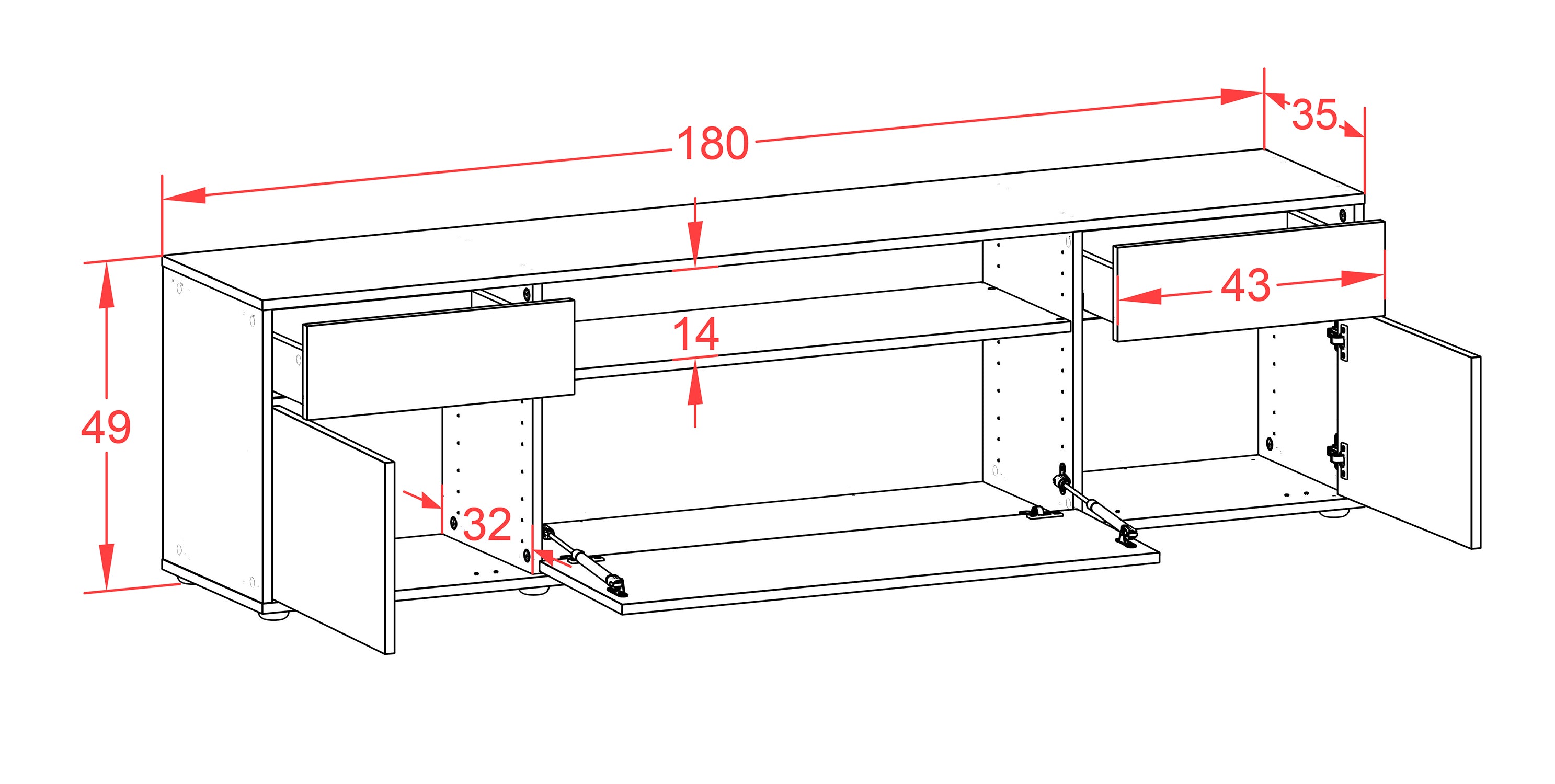 Lowboard - Bernadetta - Design Farbakzent - Freistehend mit Push to Open 180 cm Weiss