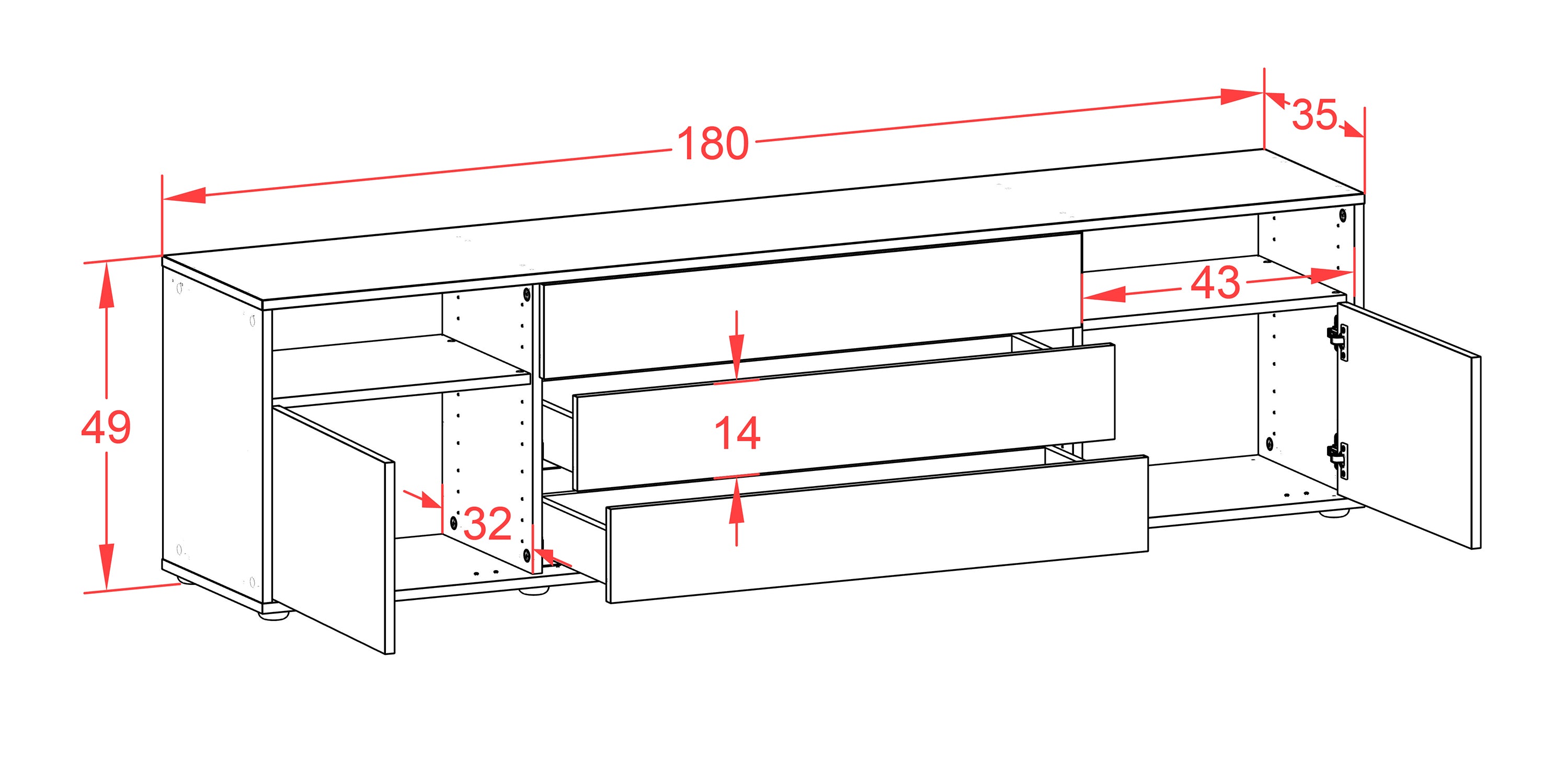 Lowboard - Bettina - Design Holzdekor - Freistehend mit Push to Open 180 cm Weiss