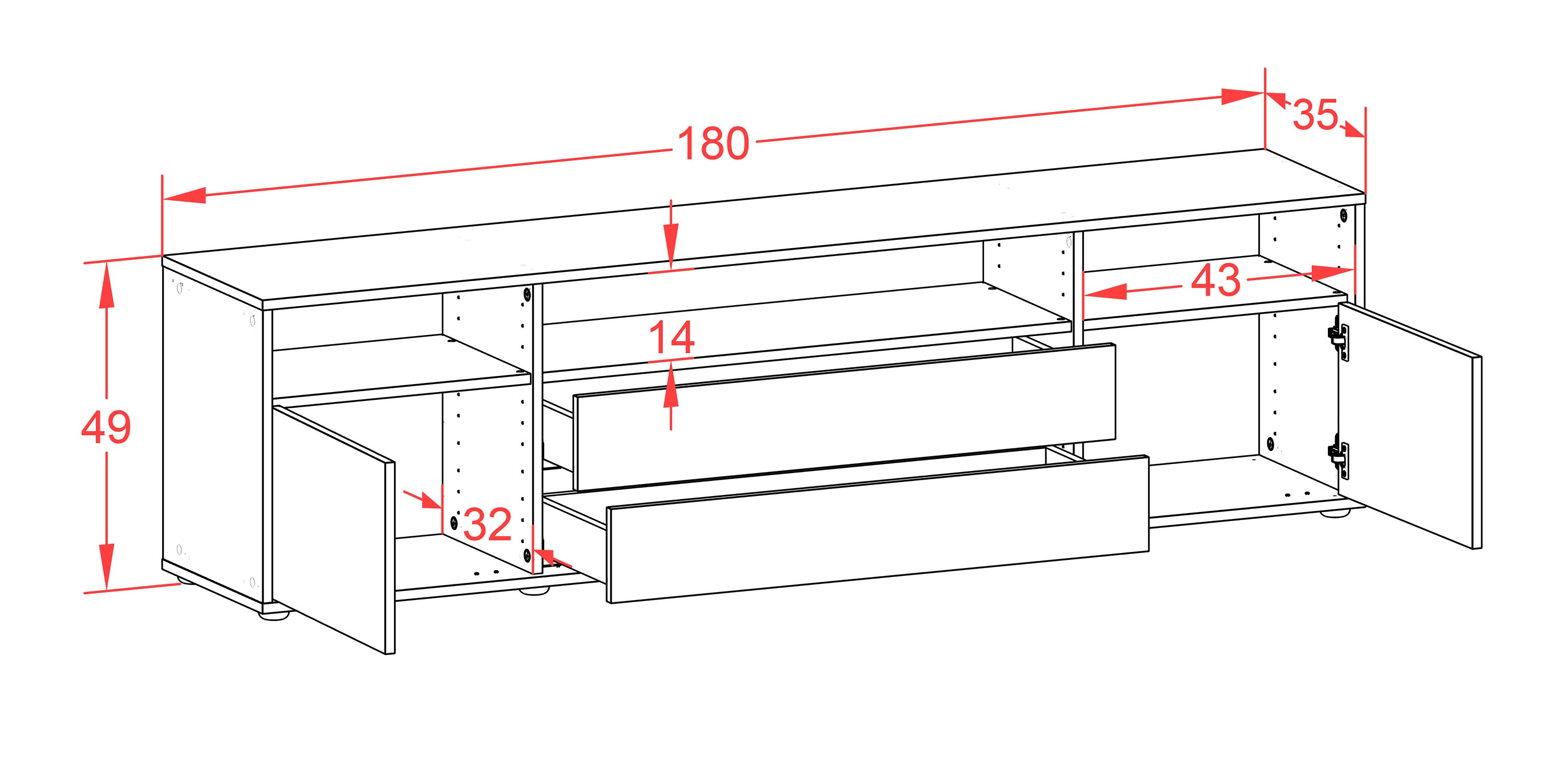 Lowboard - Biancaneve - Design Holzdekor - Freistehend mit Push to Open 180 cm Weiss