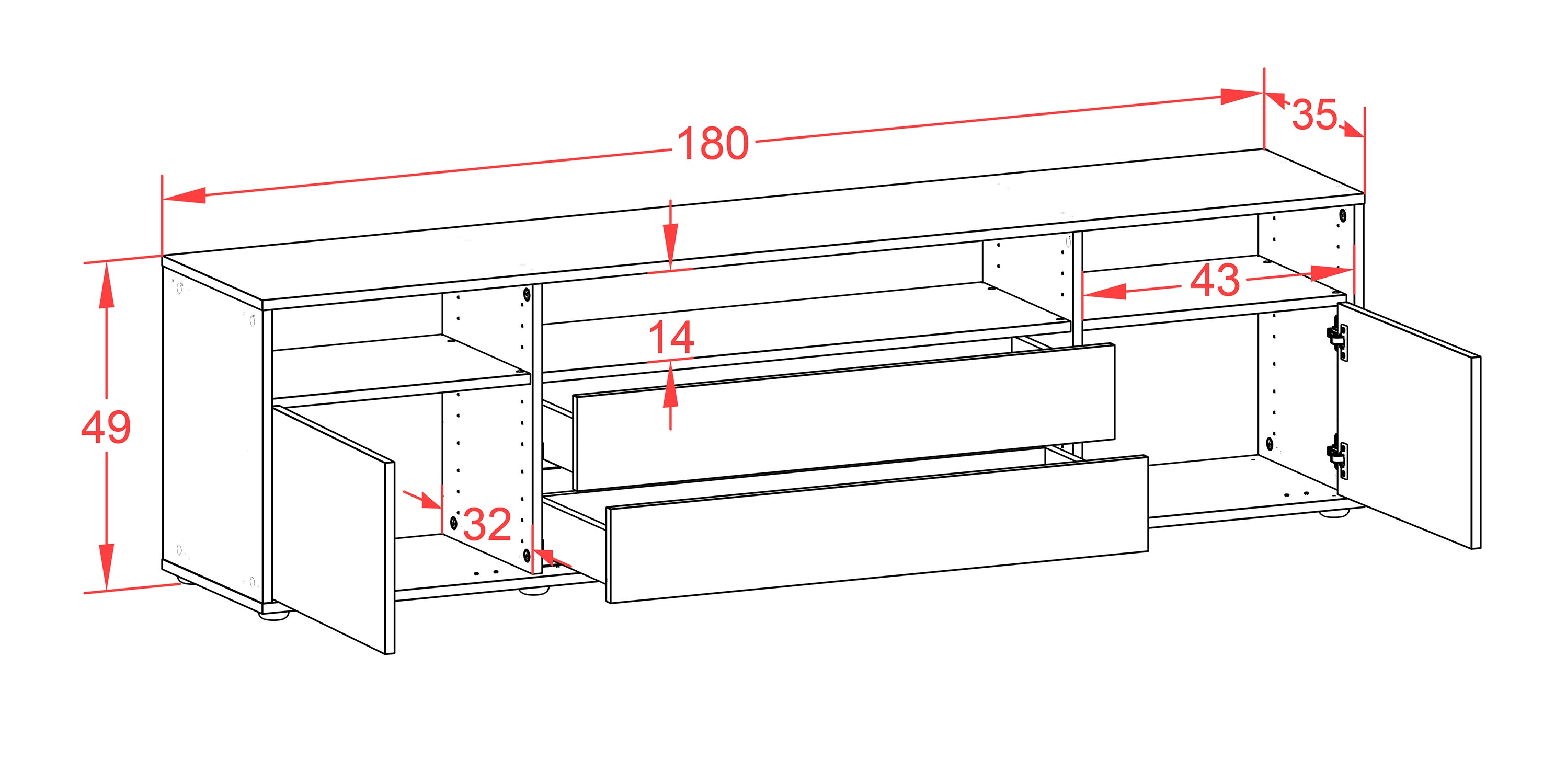 Lowboard - Biancaneve - Design Farbakzent - Freistehend mit Push to Open 180 cm Weiss
