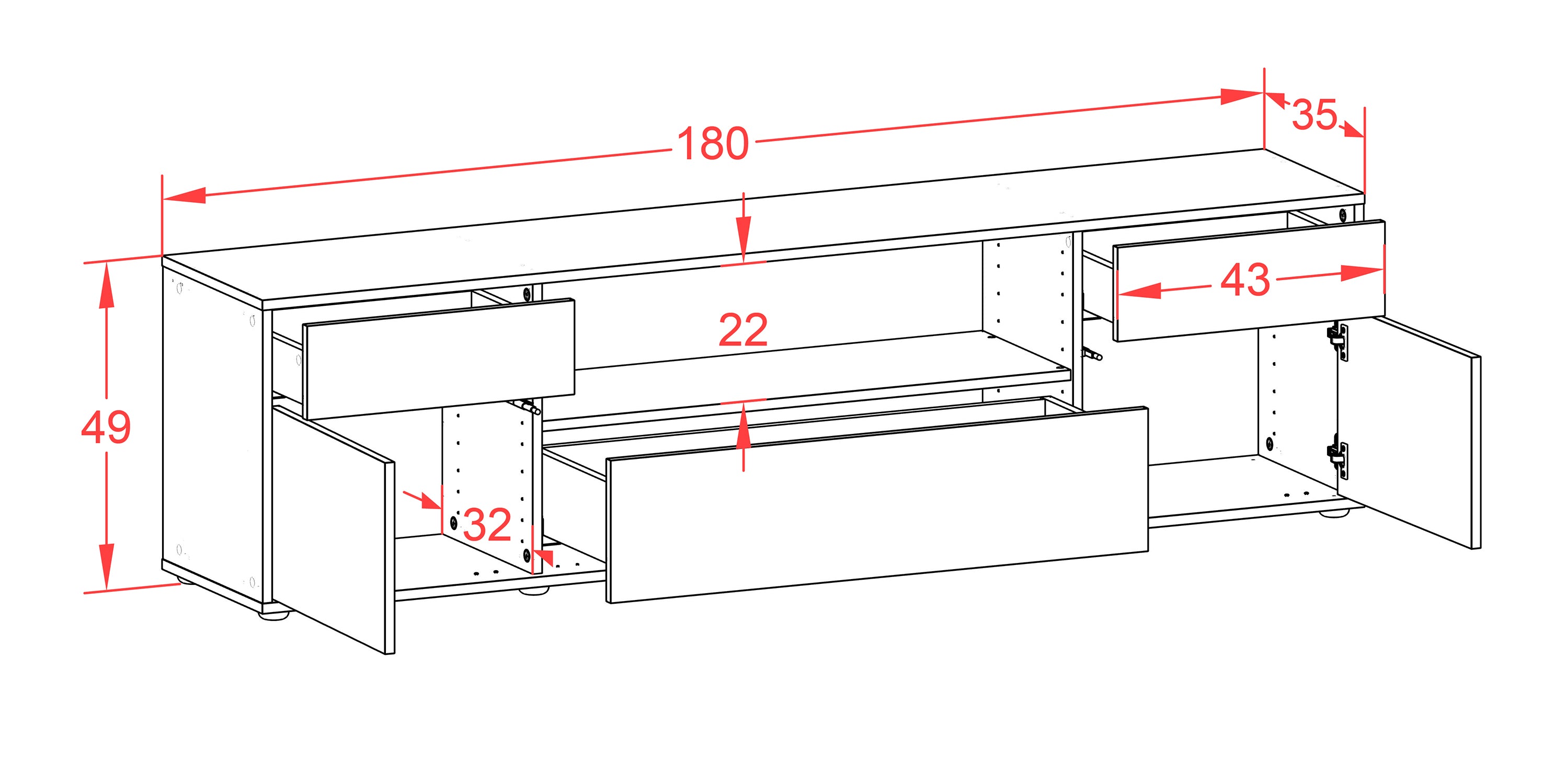 Lowboard - Biggi - Design Holzdekor - Freistehend mit Push to Open 180 cm Weiss