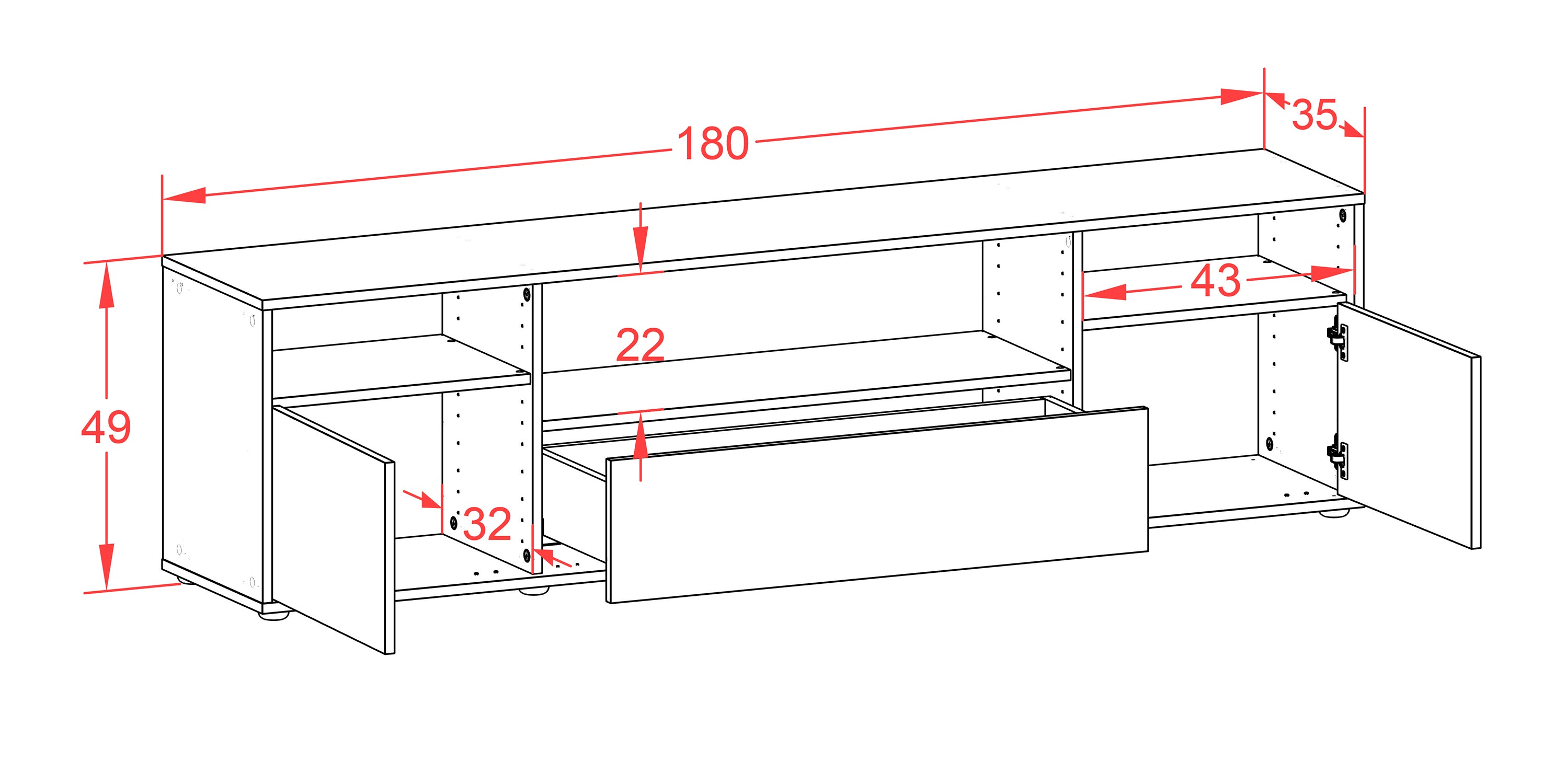 Lowboard - Bionda - Design Hochglanz - Freistehend mit Push to Open 180 cm Weiss