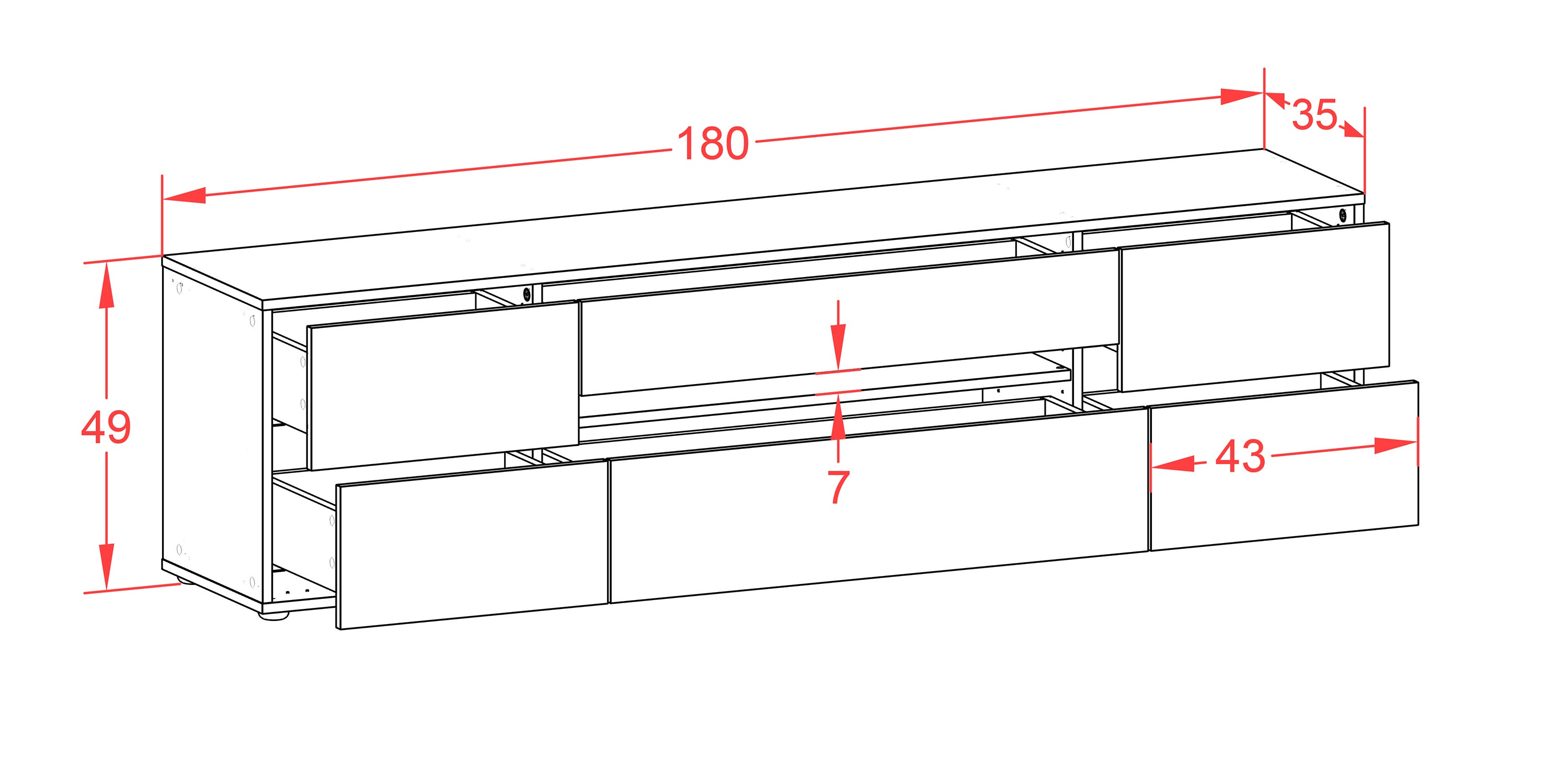 Lowboard - Bjonda - Design Holzdekor - Freistehend mit Push to Open 180 cm Weiss