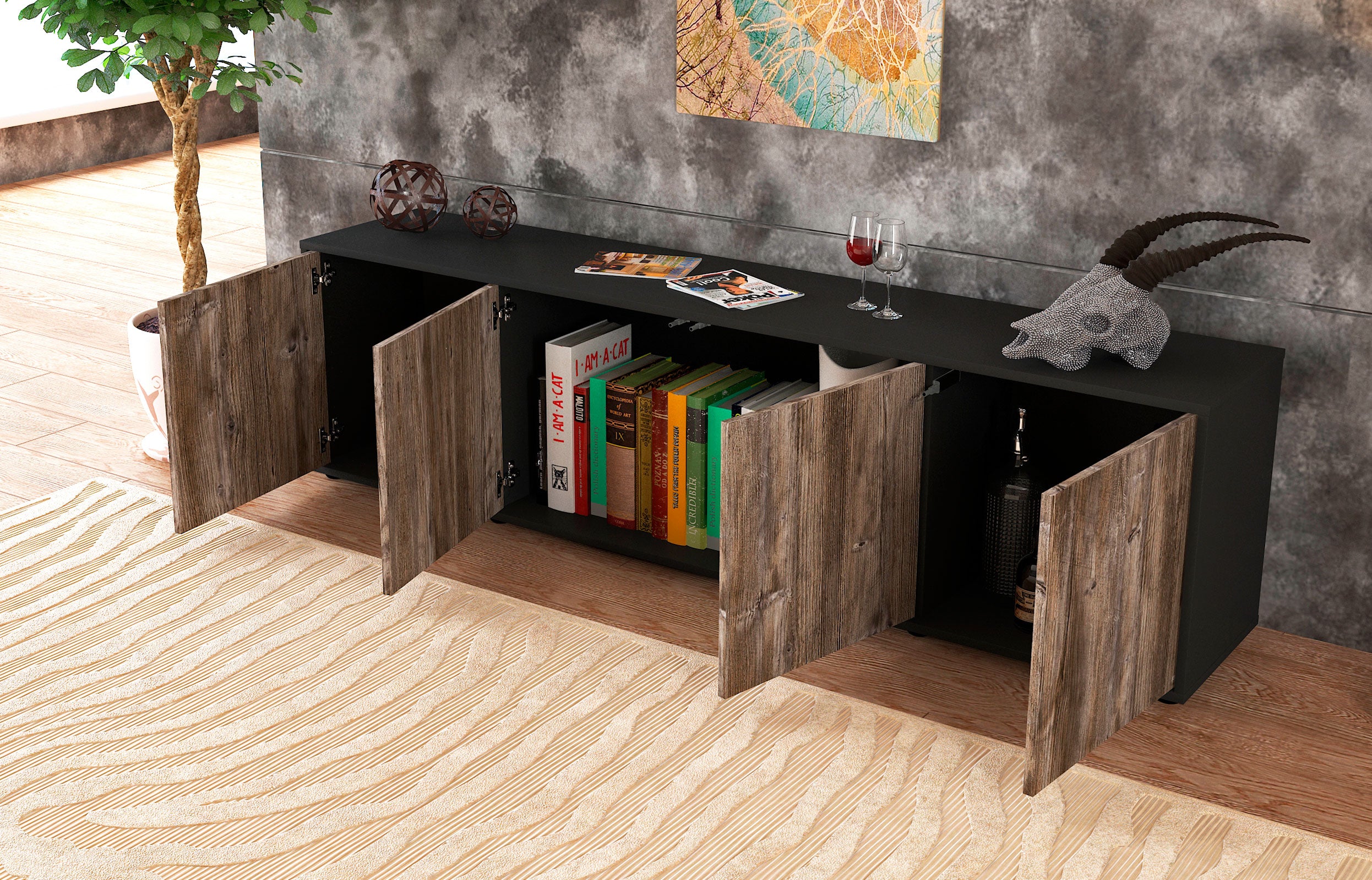 Lowboard - Antonia - Design Holzdekor - Freistehend mit Push to Open 180 cm Anthrazit