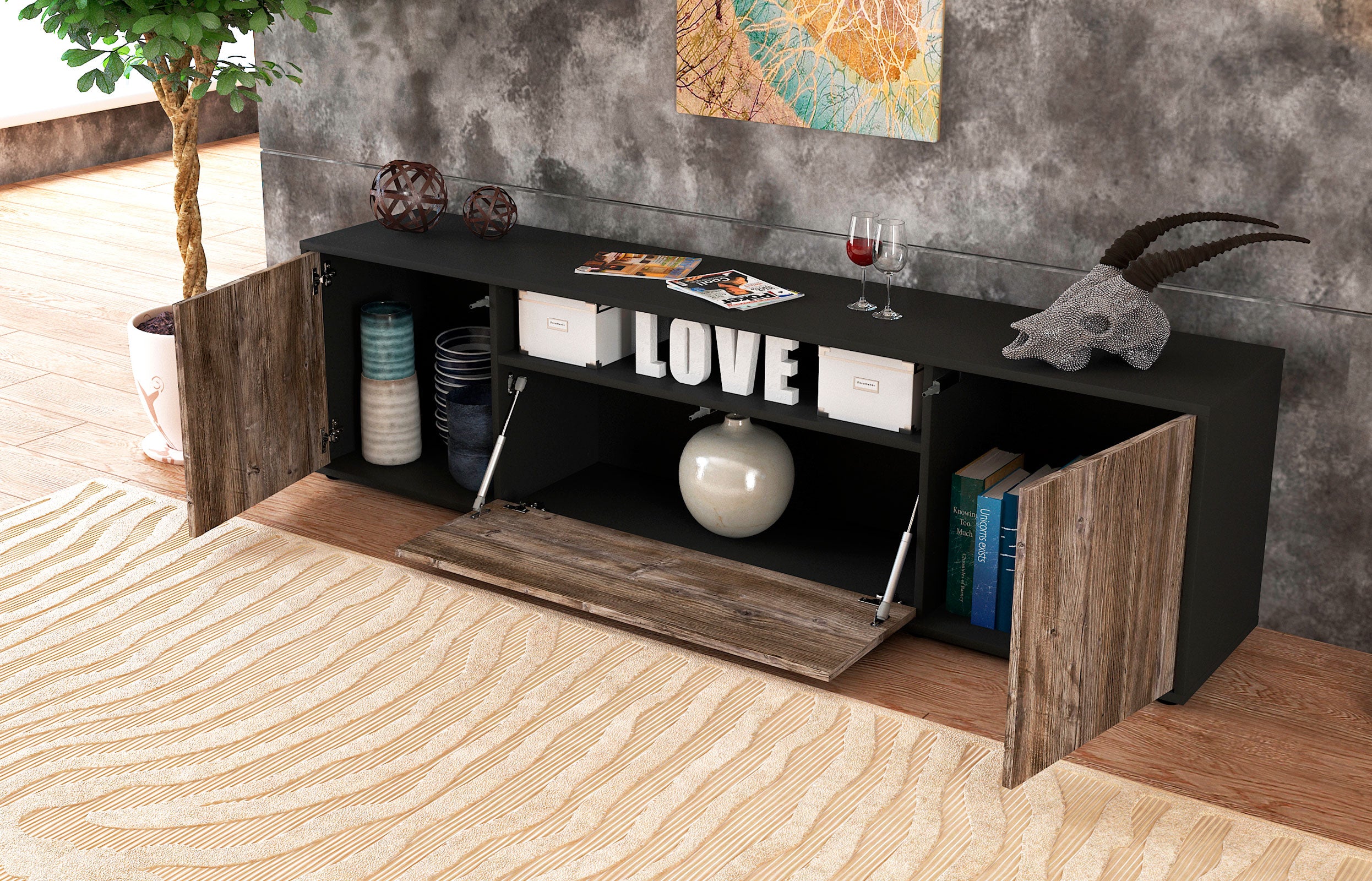 Lowboard - Ariana - Design Holzdekor - Freistehend mit Push to Open 180 cm Anthrazit