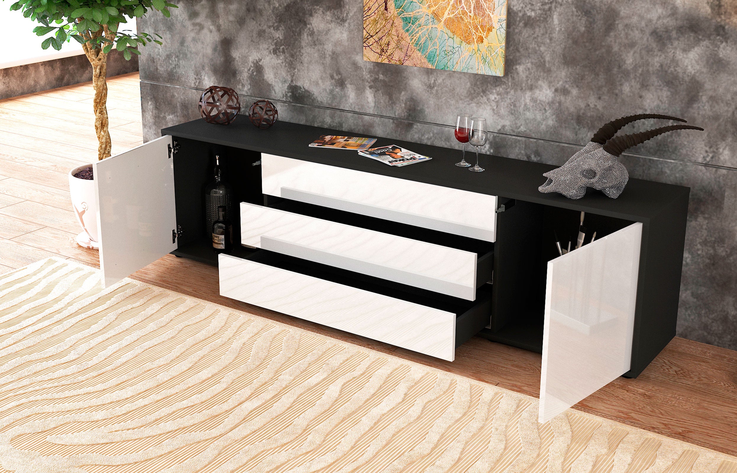 Lowboard - Ariella - Design Hochglanz - Freistehend mit Push to Open 180 cm Anthrazit