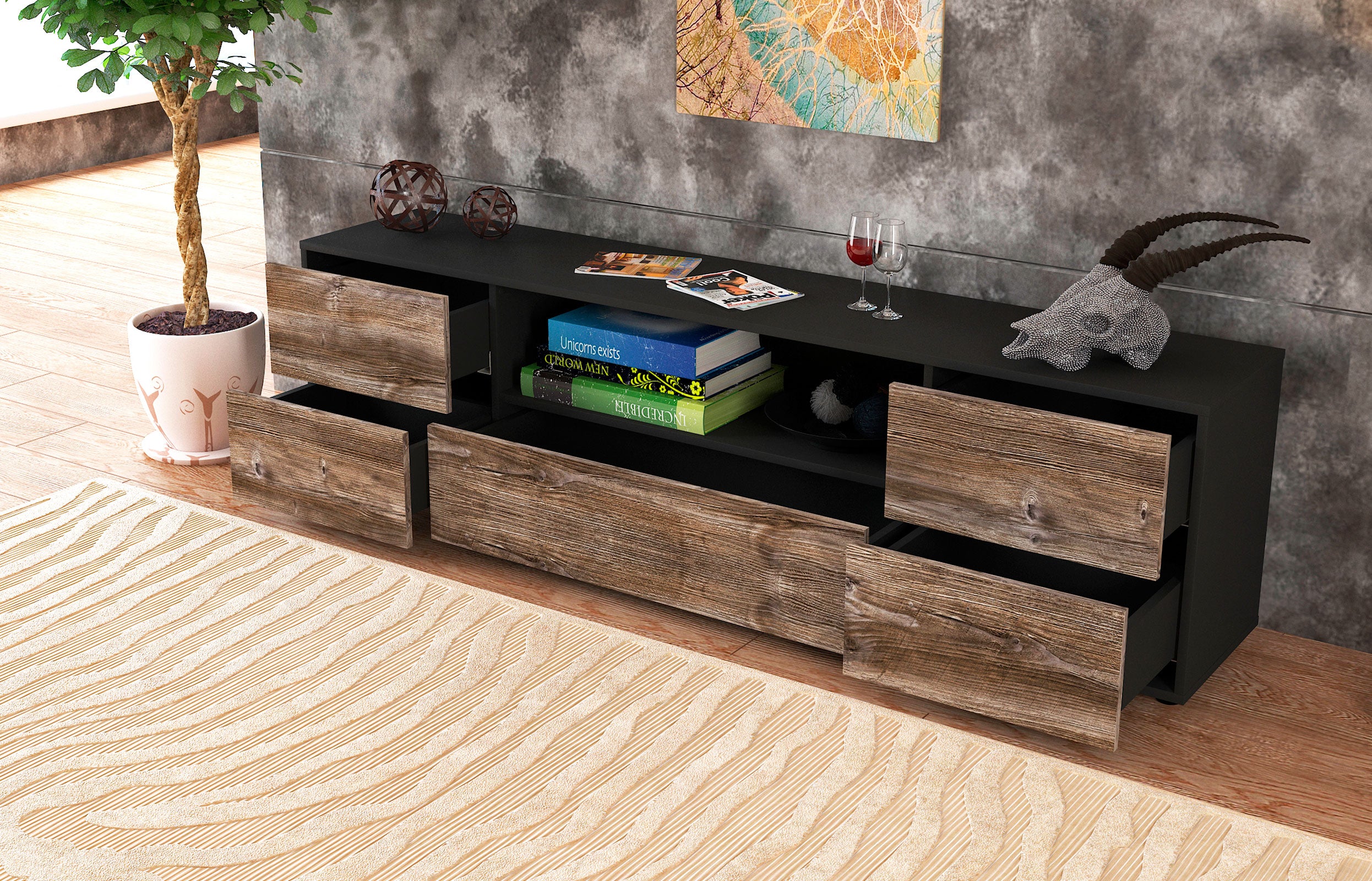 Lowboard - Atlanta - Design Holzdekor - Freistehend mit Push to Open 180 cm Anthrazit