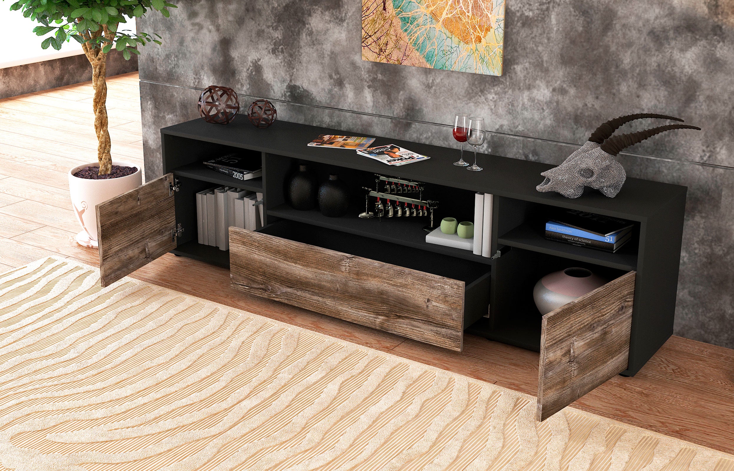 Lowboard - Bionda - Design Holzdekor - Freistehend mit Push to Open 180 cm Anthrazit