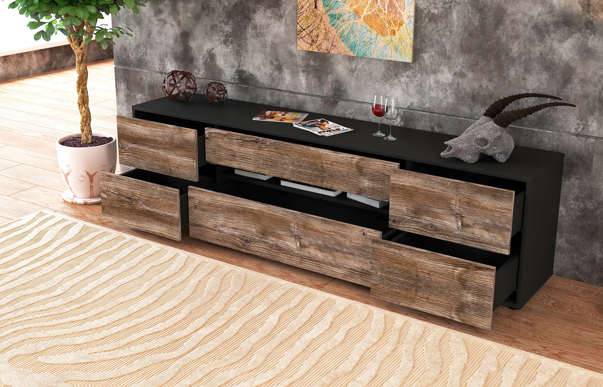 Lowboard - Bjonda - Design Holzdekor - Freistehend mit Push to Open 180 cm Anthrazit