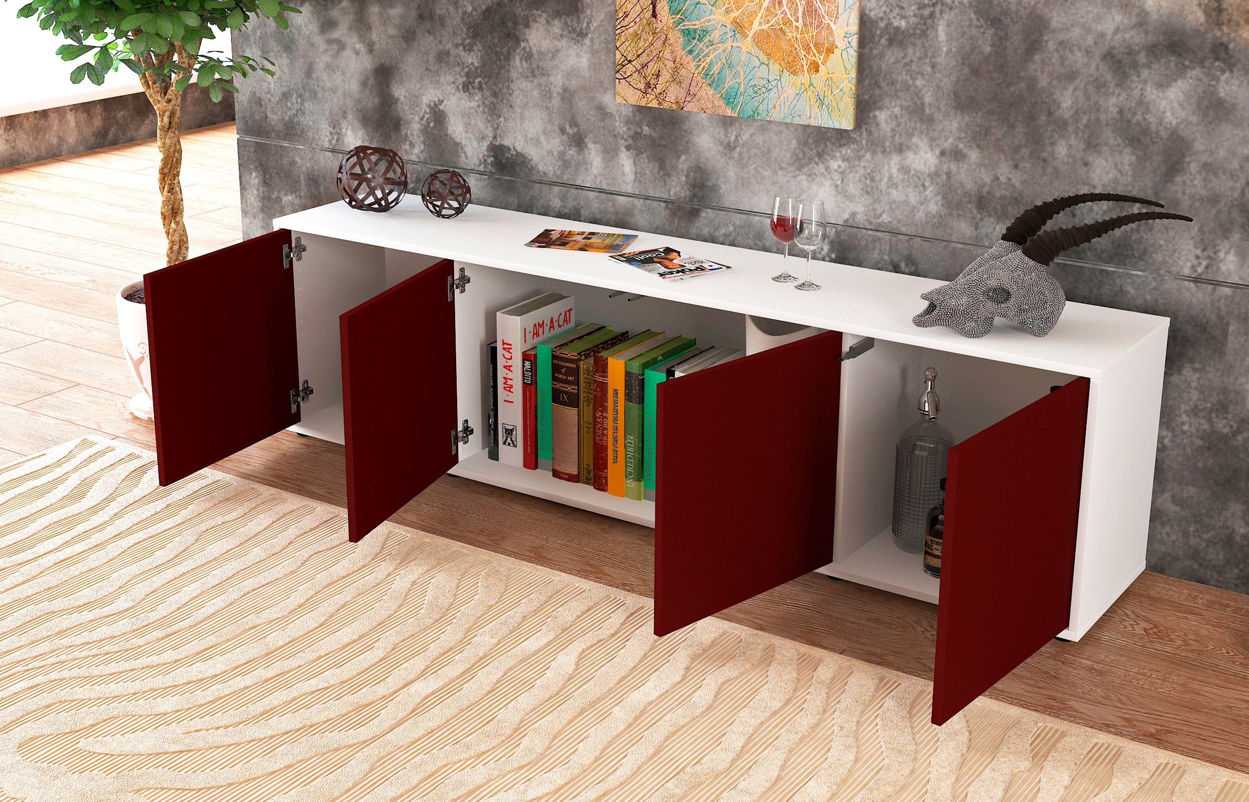 Lowboard - Antonia - Design Farbakzent - Freistehend mit Push to Open 180 cm Weiss