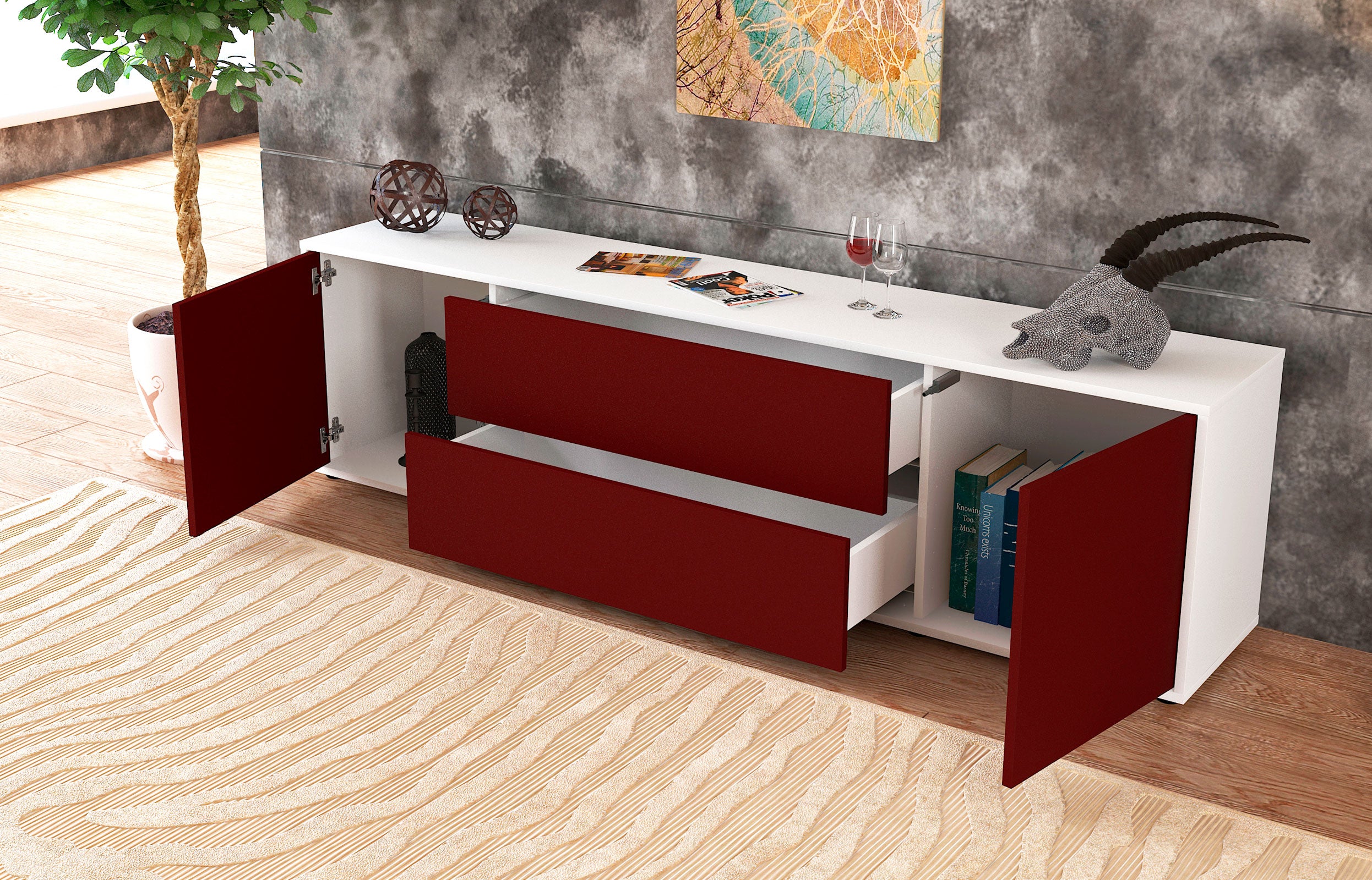 Lowboard - Aquilina - Design Farbakzent - Freistehend mit Push to Open 180 cm Weiss