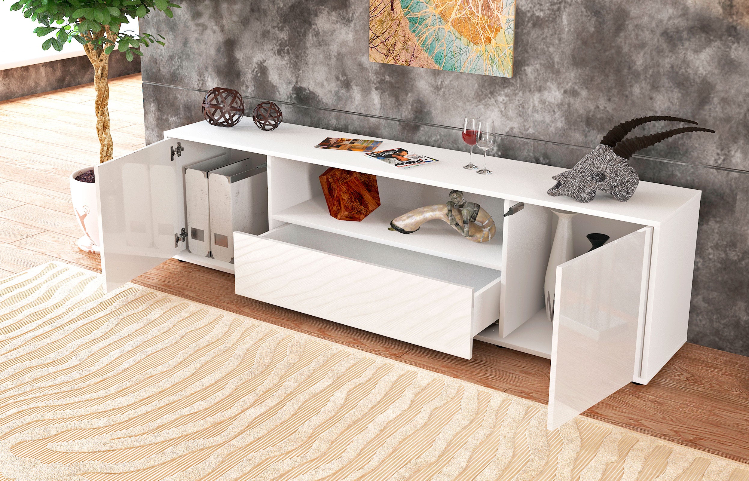 Lowboard - Arbnora - Design Hochglanz - Freistehend mit Push to Open 180 cm Weiss
