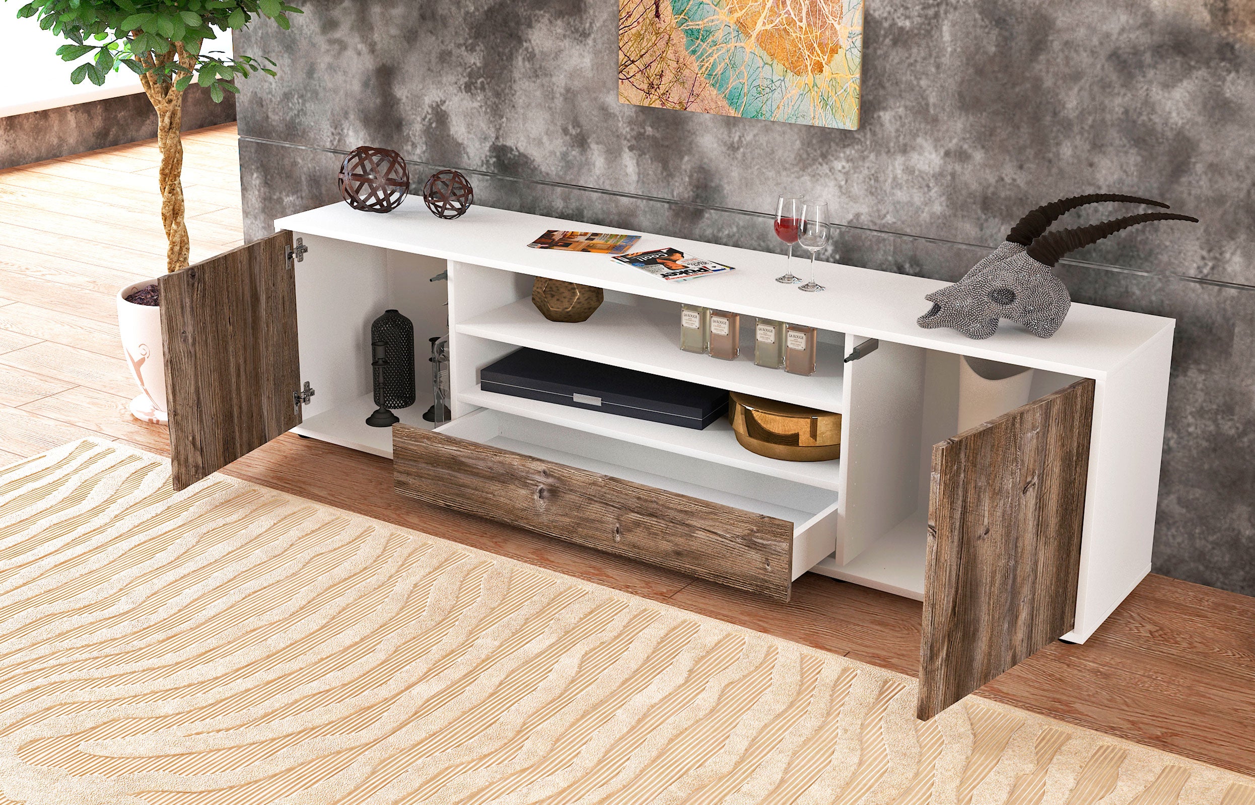 Lowboard - Armida - Design Holzdekor - Freistehend mit Push to Open 180 cm Weiss