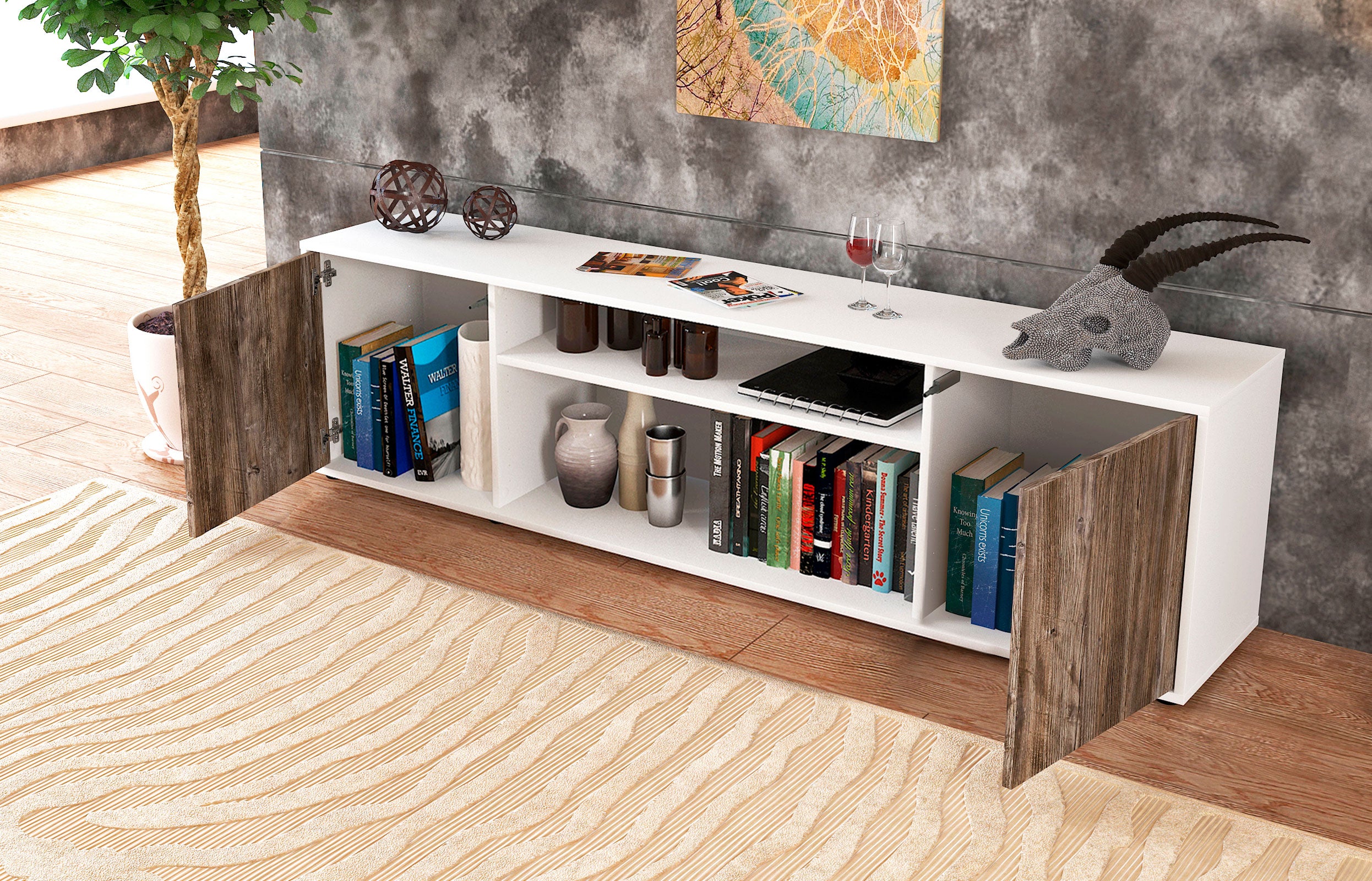Lowboard - Asia - Design Holzdekor - Freistehend mit Push to Open 180 cm Weiss