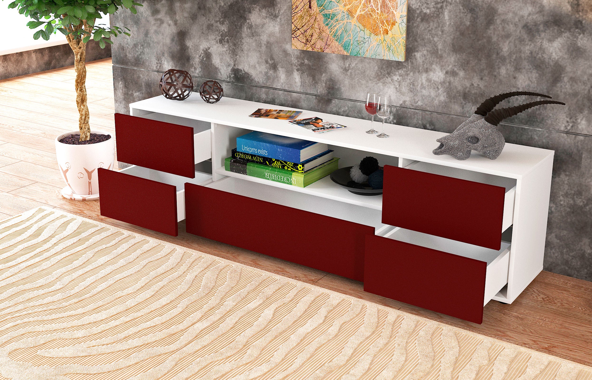 Lowboard - Atlanta - Design Farbakzent - Freistehend mit Push to Open 180 cm Weiss