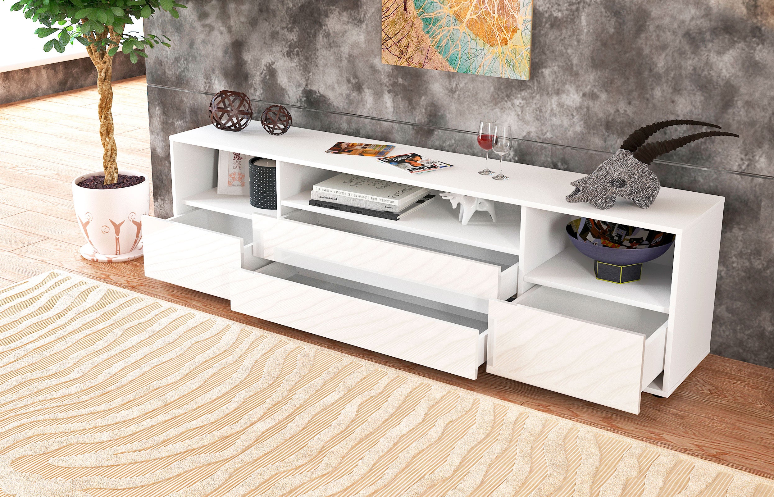 Lowboard - Azula - Design Hochglanz - Freistehend mit Push to Open 180 cm Weiss