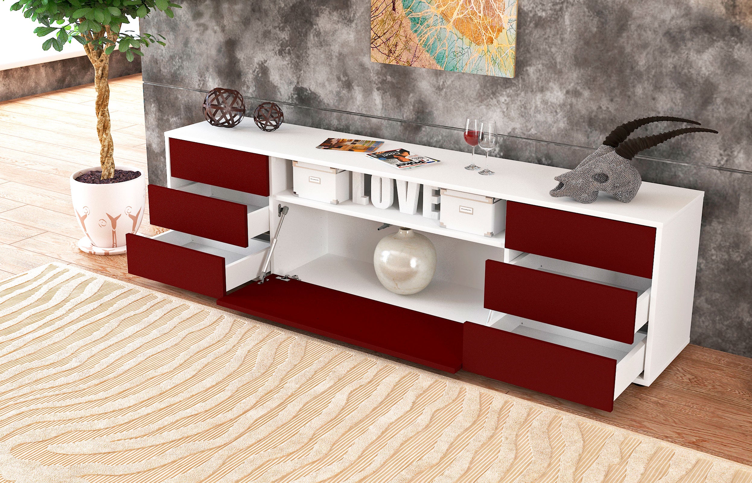 Lowboard - Beatrice - Design Farbakzent - Freistehend mit Push to Open 180 cm Weiss
