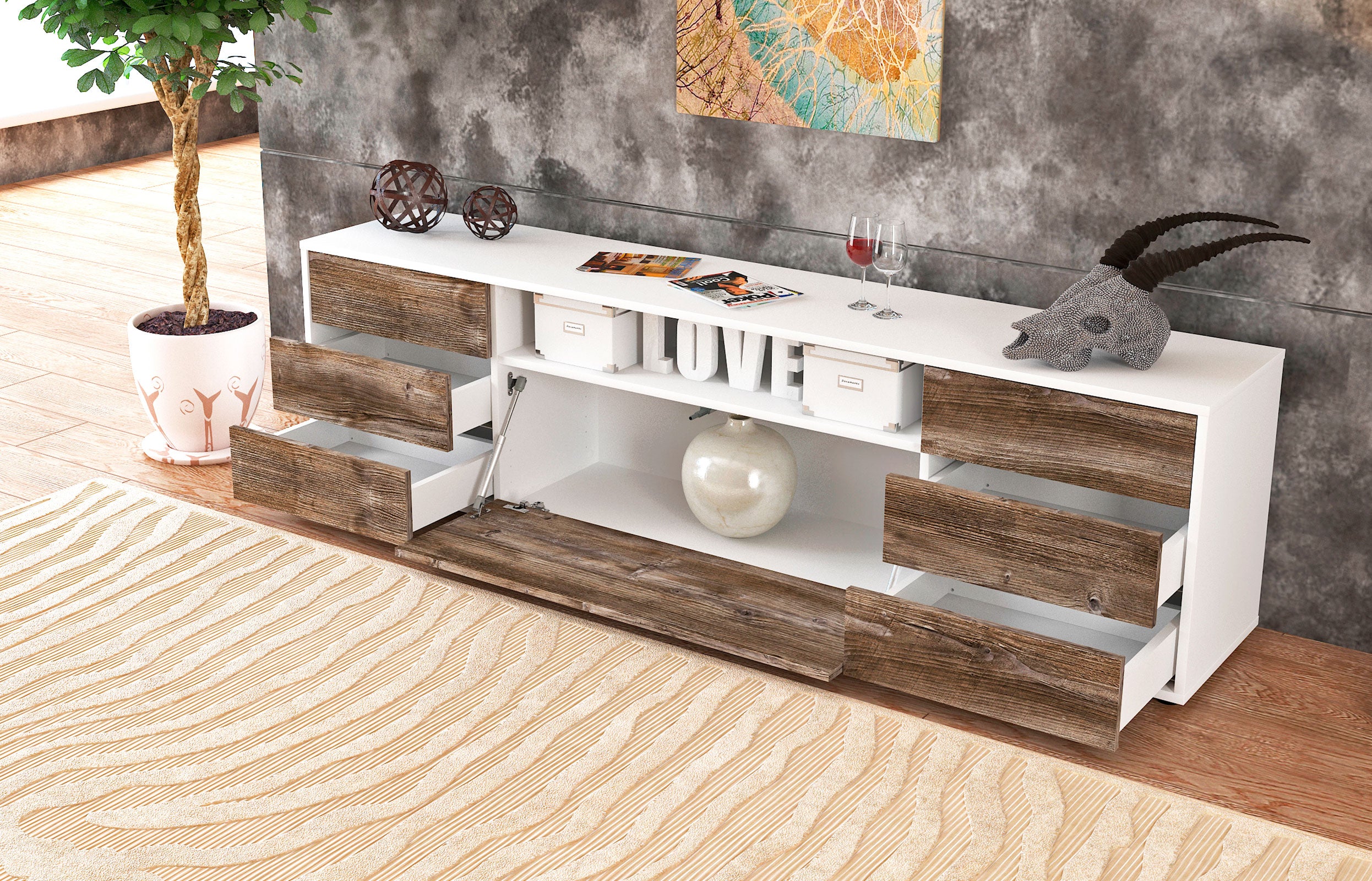 Lowboard - Beatrice - Design Holzdekor - Freistehend mit Push to Open 180 cm Weiss