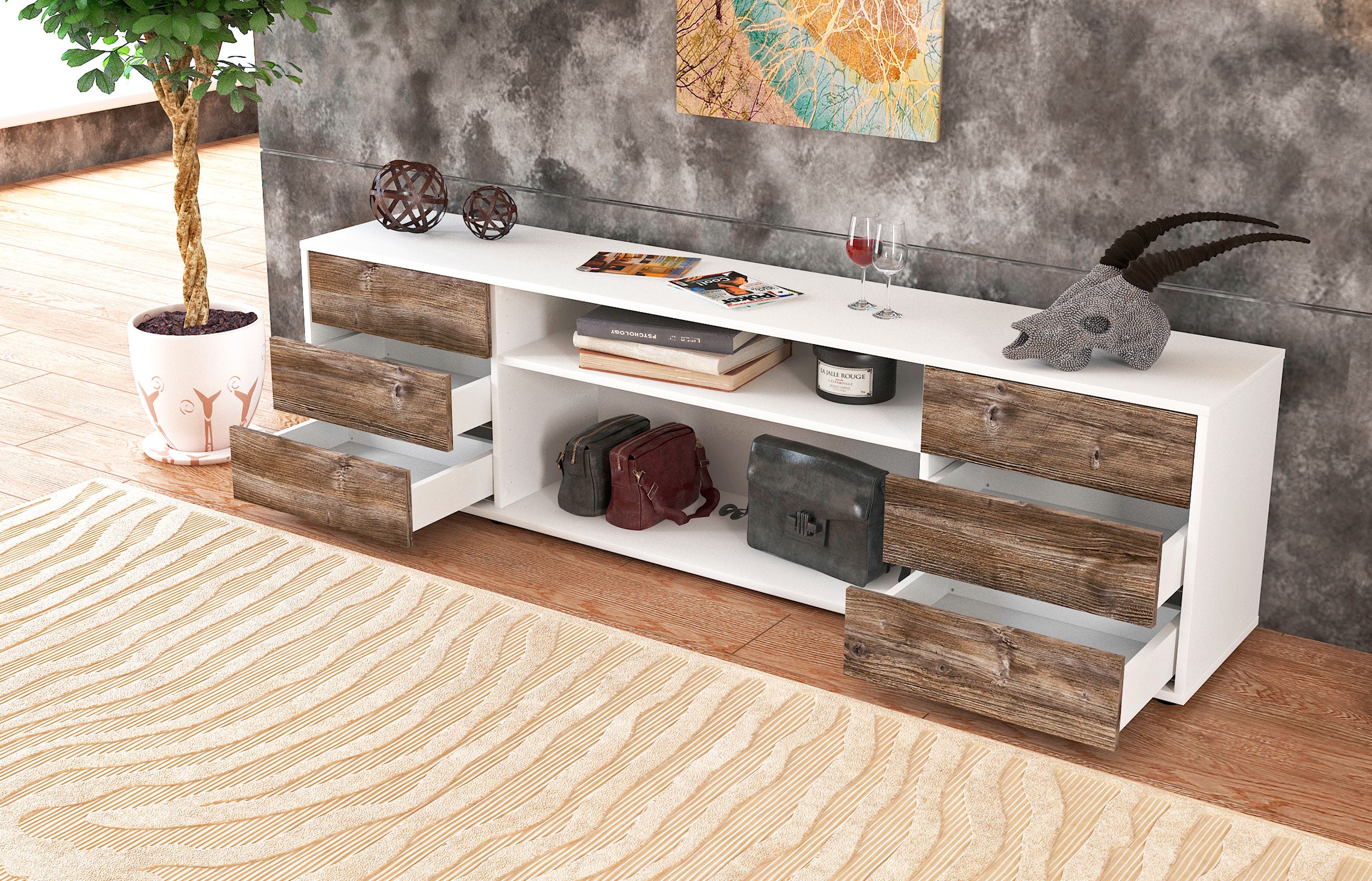 Lowboard - Belinda - Design Holzdekor - Freistehend mit Push to Open 180 cm Weiss