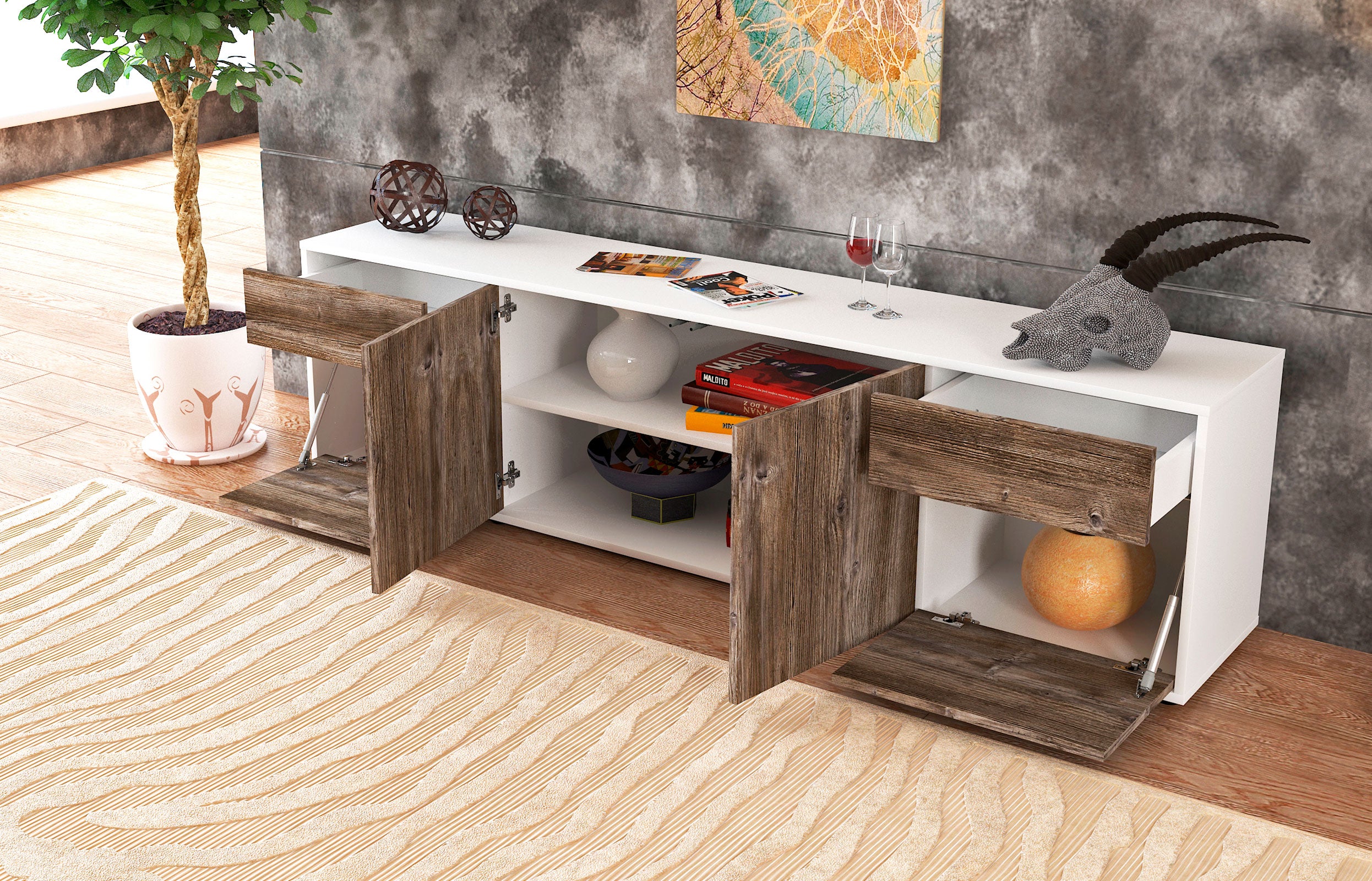 Lowboard - Benedetta - Design Holzdekor - Freistehend mit Push to Open 180 cm Weiss