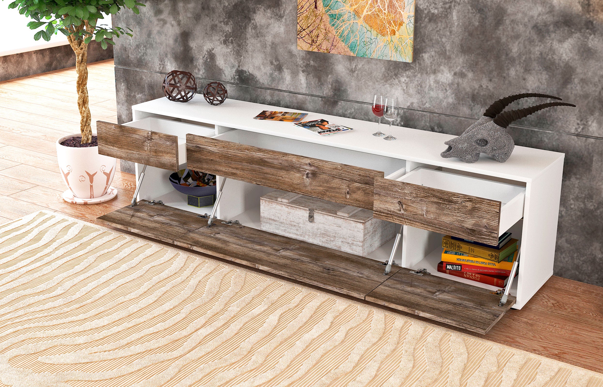 Lowboard - Beppa - Design Holzdekor - Freistehend mit Push to Open 180 cm Weiss