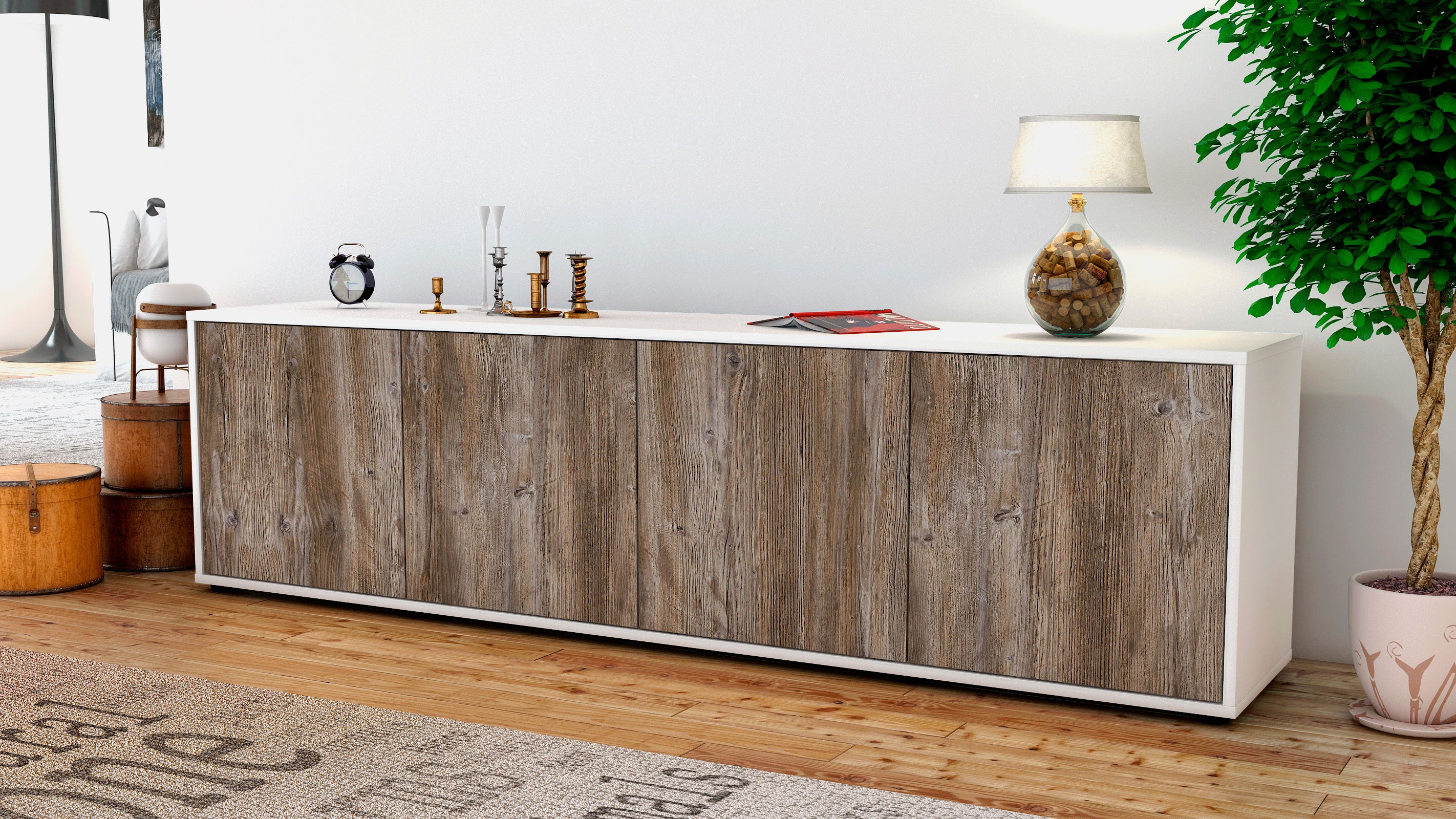 Lowboard - Antonia - Design Holzdekor - Freistehend mit Push to Open 180 cm Weiss