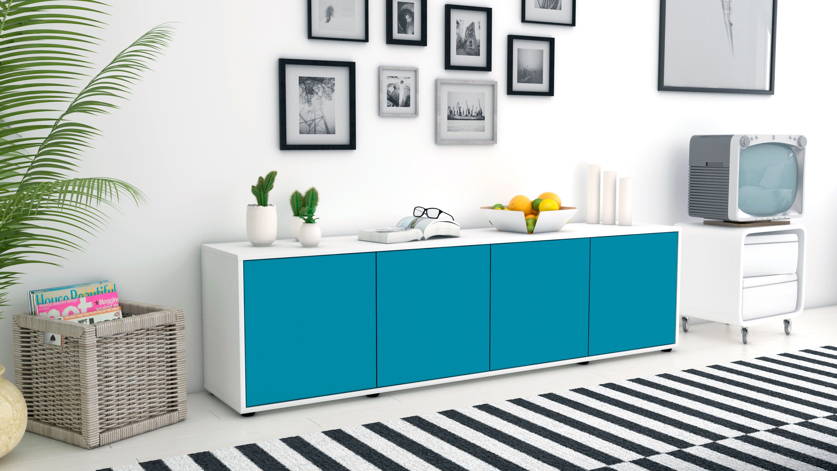 Lowboard - Antonia - Design Farbakzent - Freistehend mit Push to Open 180 cm Weiss