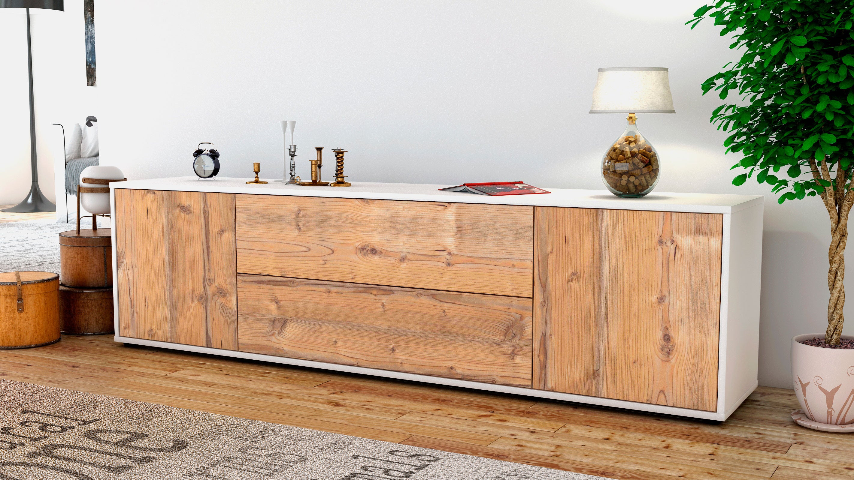 Lowboard - Aquilina - Design Holzdekor - Freistehend mit Push to Open 180 cm Weiss