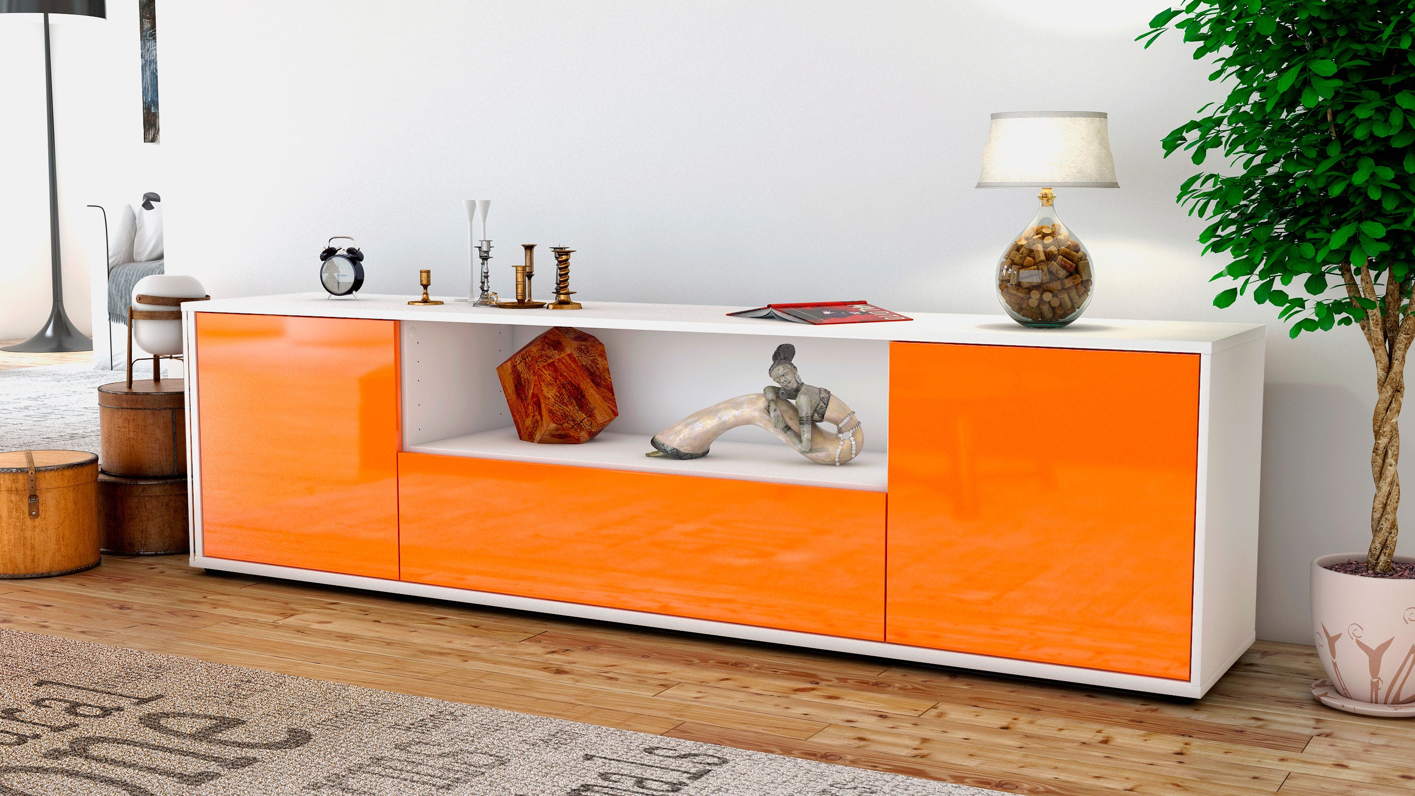 Lowboard - Arbnora - Design Hochglanz - Freistehend mit Push to Open 180 cm Weiss