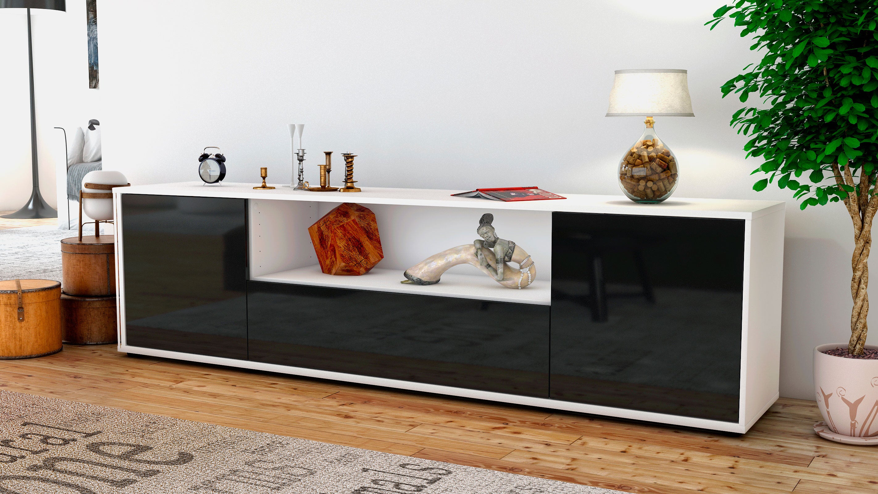 Lowboard - Arbnora - Design Hochglanz - Freistehend mit Push to Open 180 cm Weiss