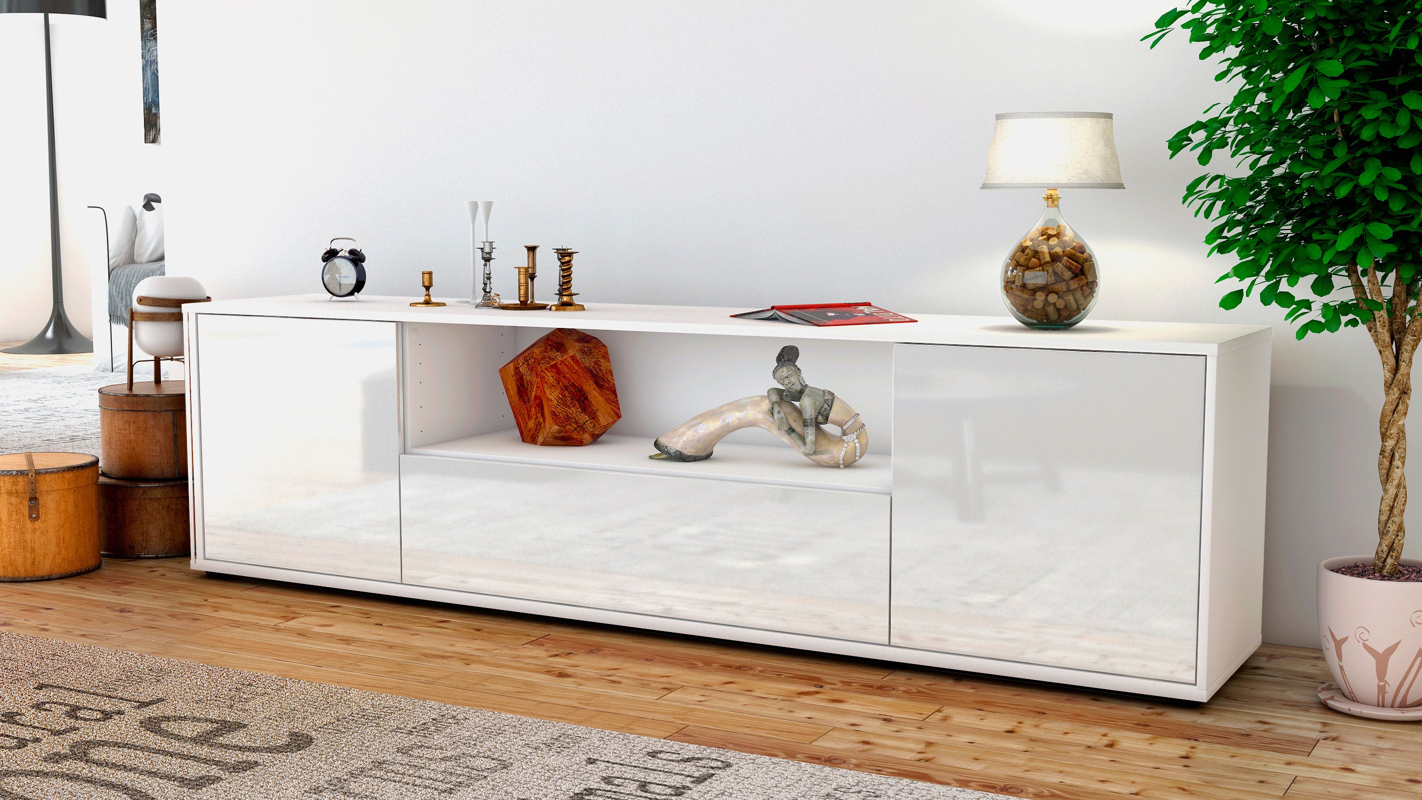 Lowboard - Arbnora - Design Hochglanz - Freistehend mit Push to Open 180 cm Weiss