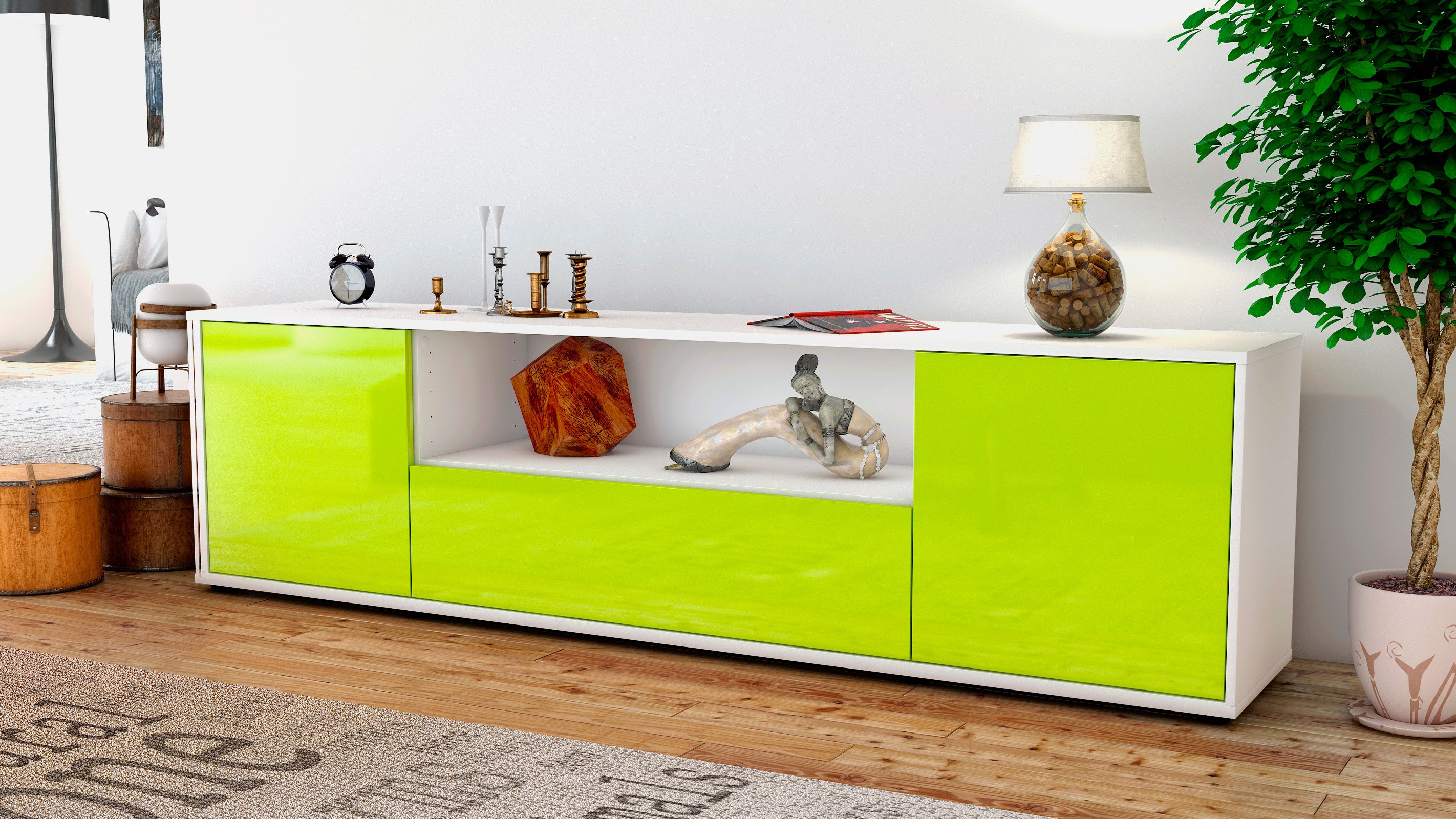 Lowboard - Arbnora - Design Hochglanz - Freistehend mit Push to Open 180 cm Weiss