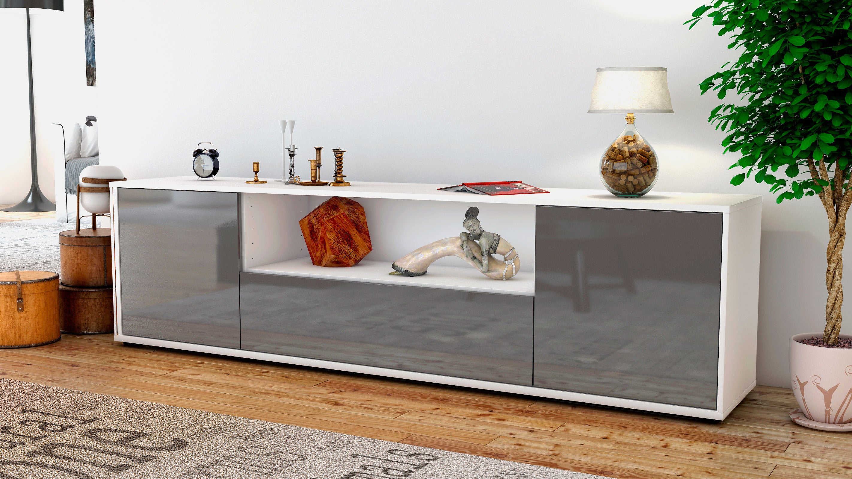 Lowboard - Arbnora - Design Hochglanz - Freistehend mit Push to Open 180 cm Weiss
