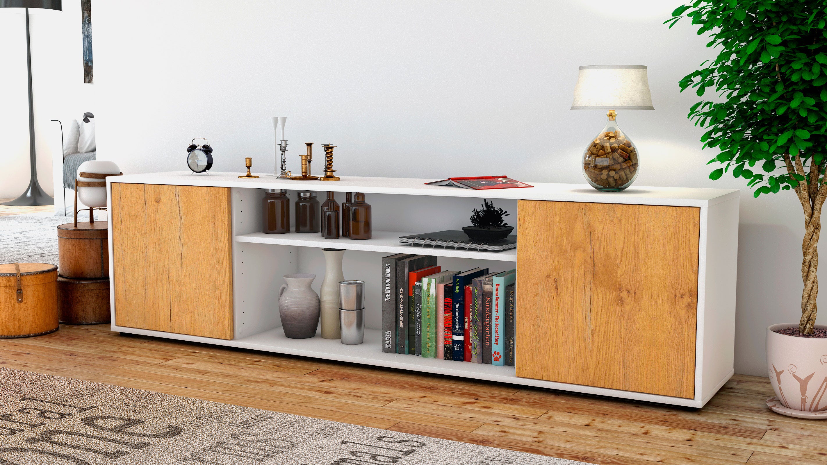 Lowboard - Asia - Design Holzdekor - Freistehend mit Push to Open 180 cm Weiss