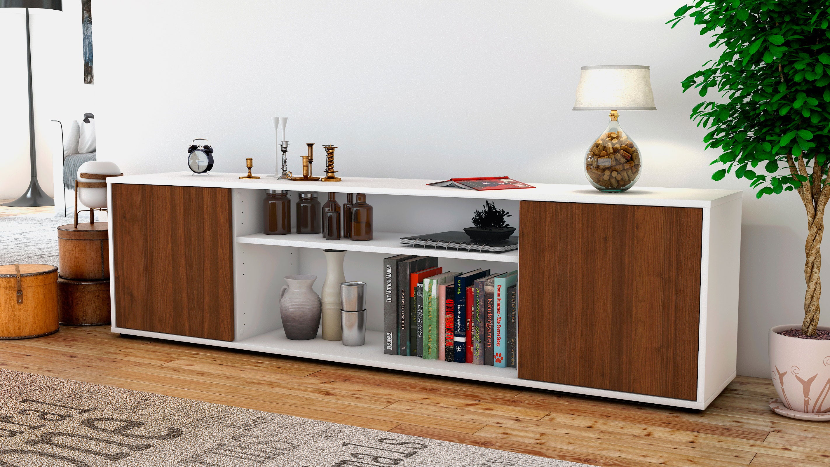 Lowboard - Asia - Design Holzdekor - Freistehend mit Push to Open 180 cm Weiss