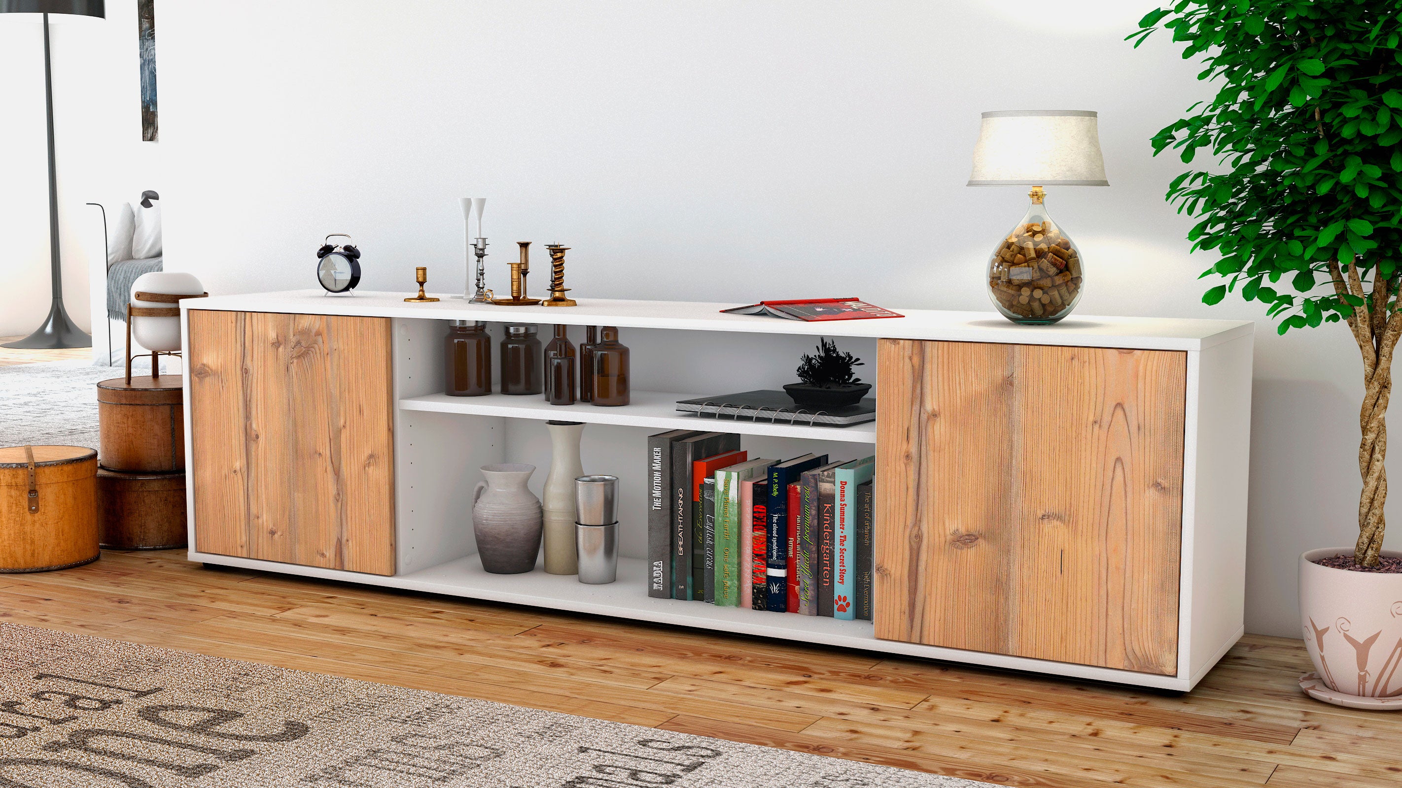 Lowboard - Asia - Design Holzdekor - Freistehend mit Push to Open 180 cm Weiss