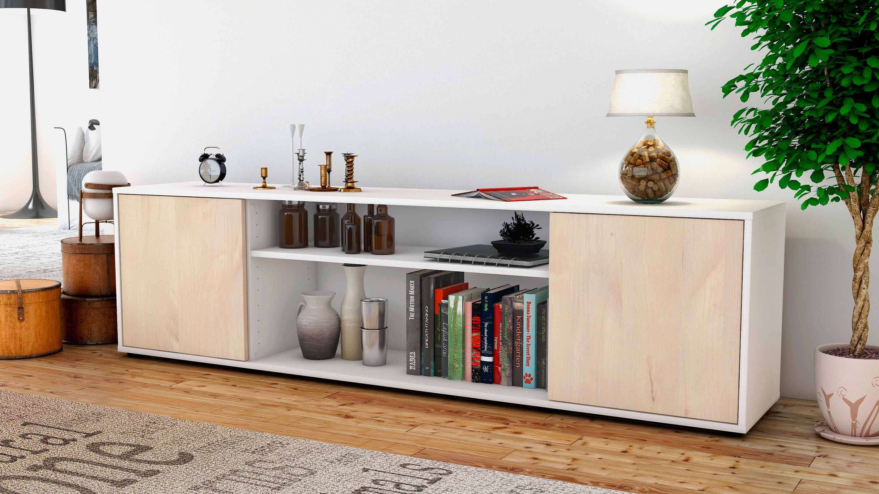 Lowboard - Asia - Design Holzdekor - Freistehend mit Push to Open 180 cm Weiss