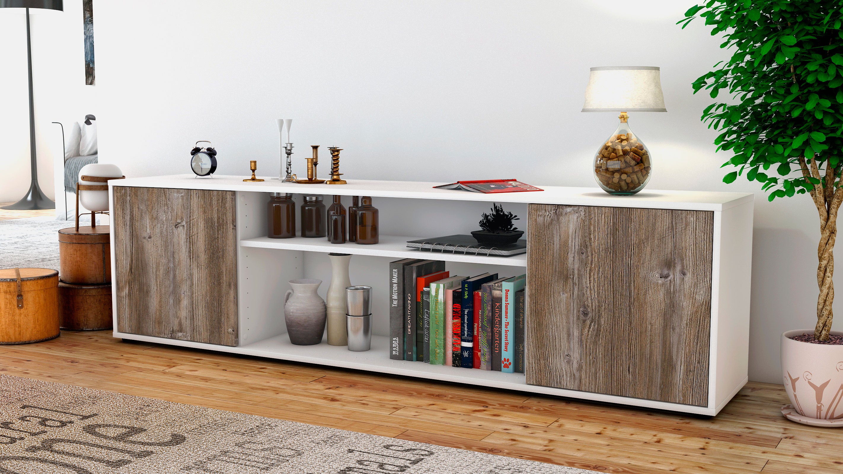 Lowboard - Asia - Design Holzdekor - Freistehend mit Push to Open 180 cm Weiss