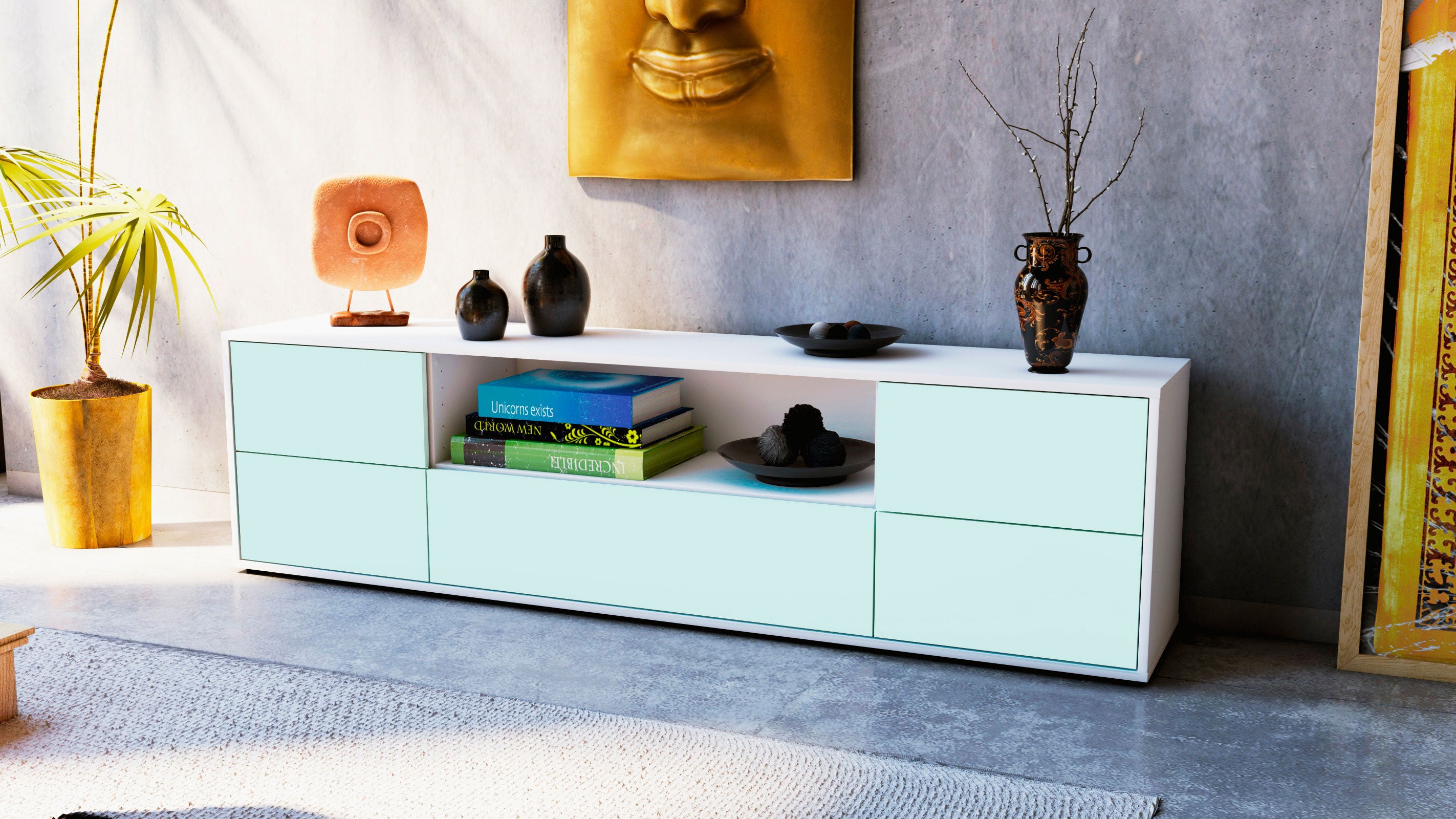 Lowboard - Atlanta - Design Farbakzent - Freistehend mit Push to Open 180 cm Weiss