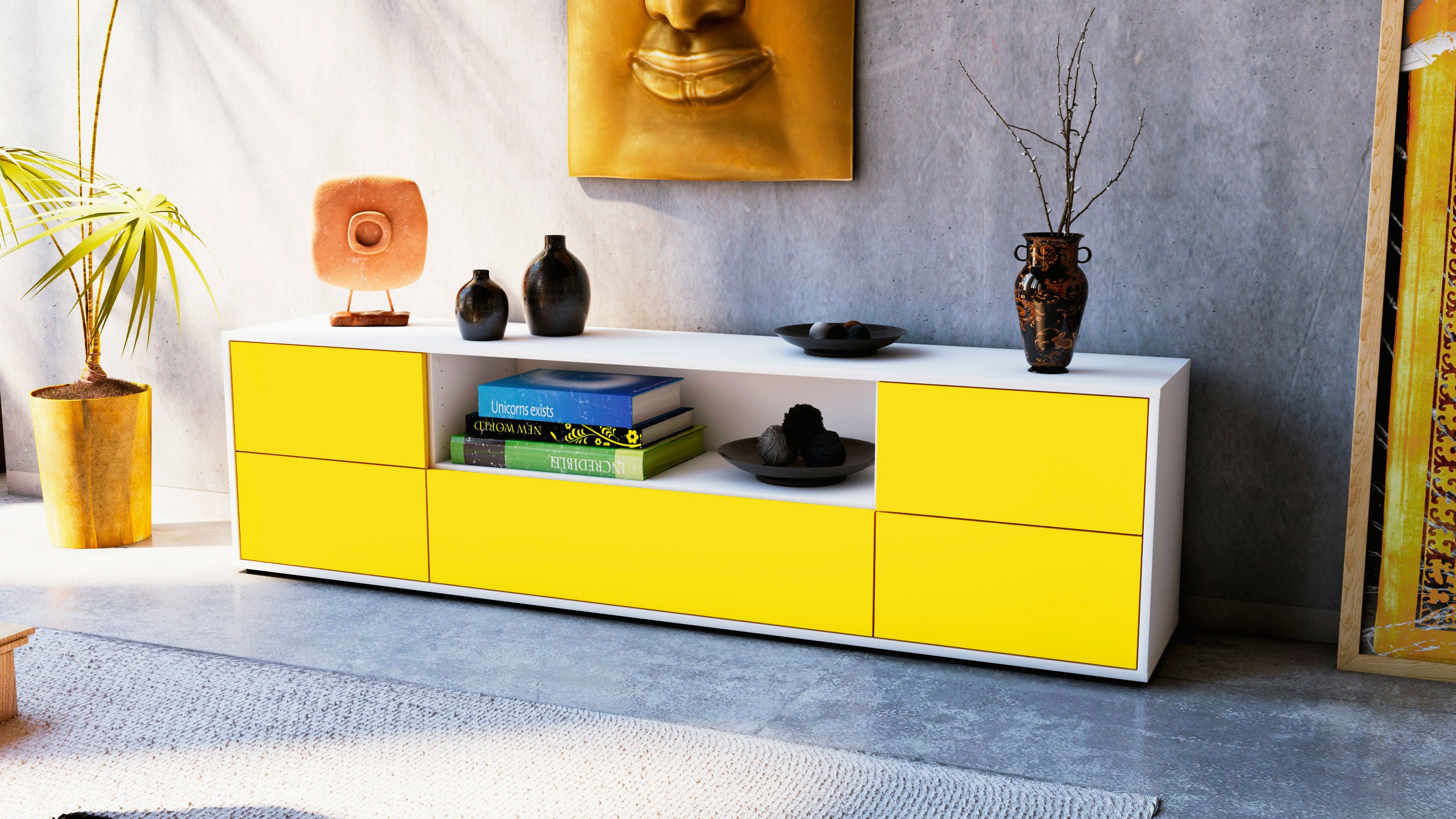 Lowboard - Atlanta - Design Farbakzent - Freistehend mit Push to Open 180 cm Weiss