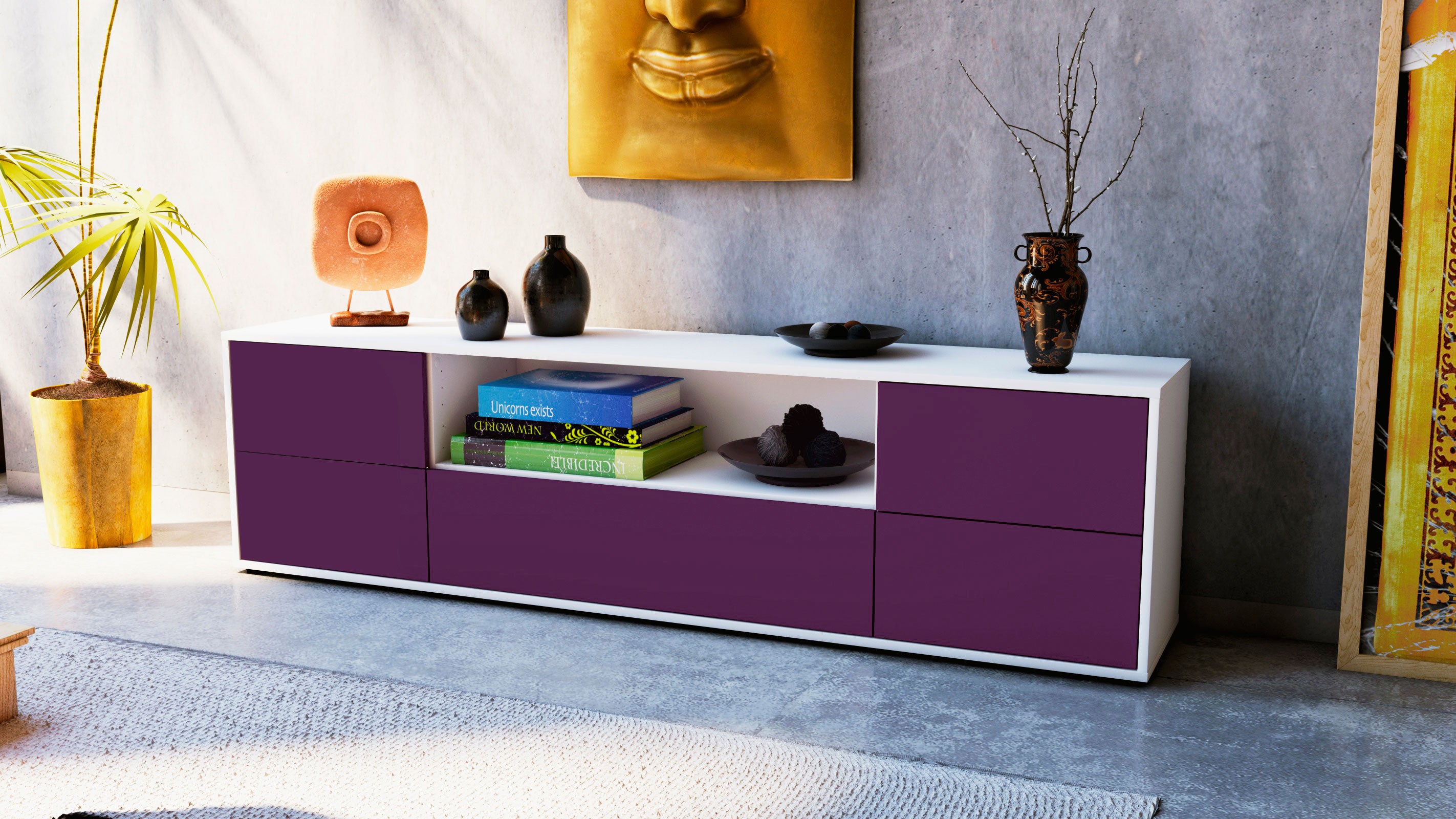 Lowboard - Atlanta - Design Farbakzent - Freistehend mit Push to Open 180 cm Weiss