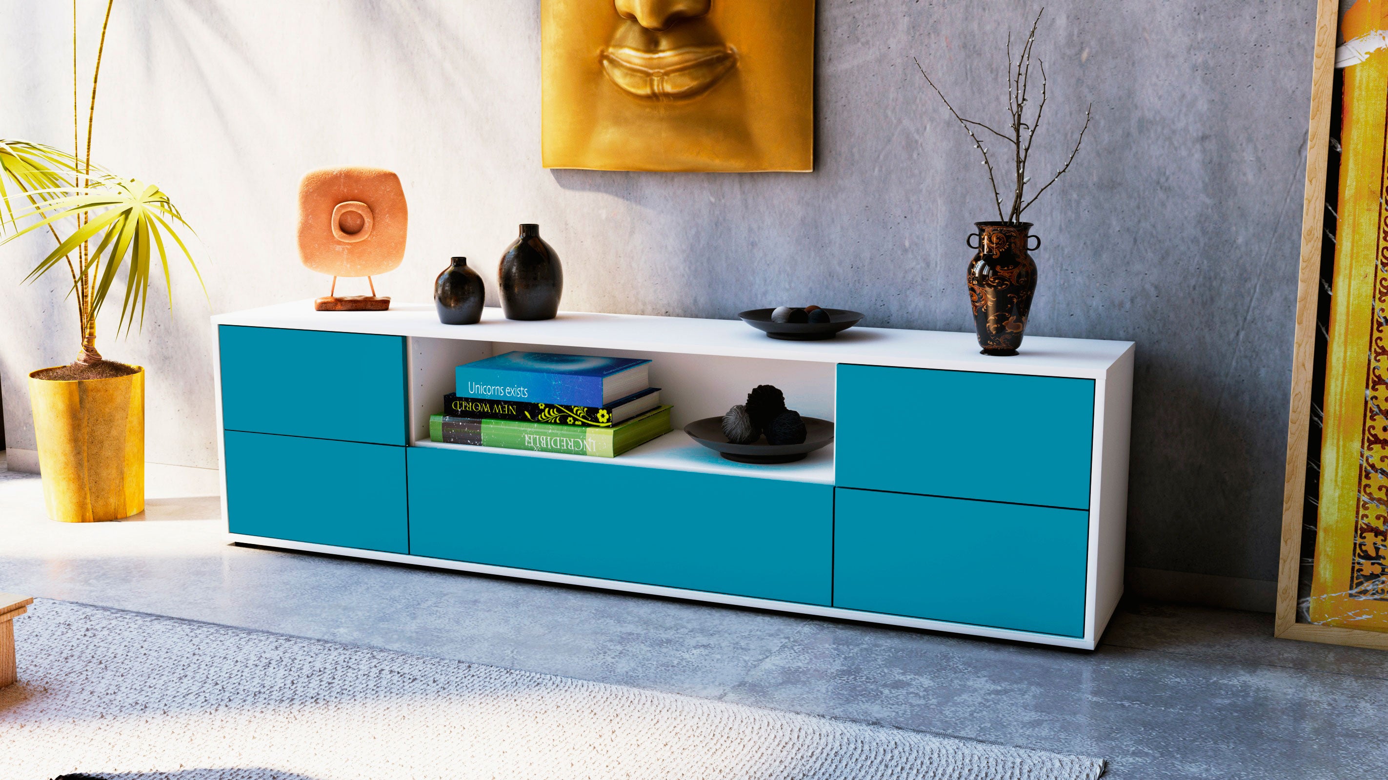 Lowboard - Atlanta - Design Farbakzent - Freistehend mit Push to Open 180 cm Weiss